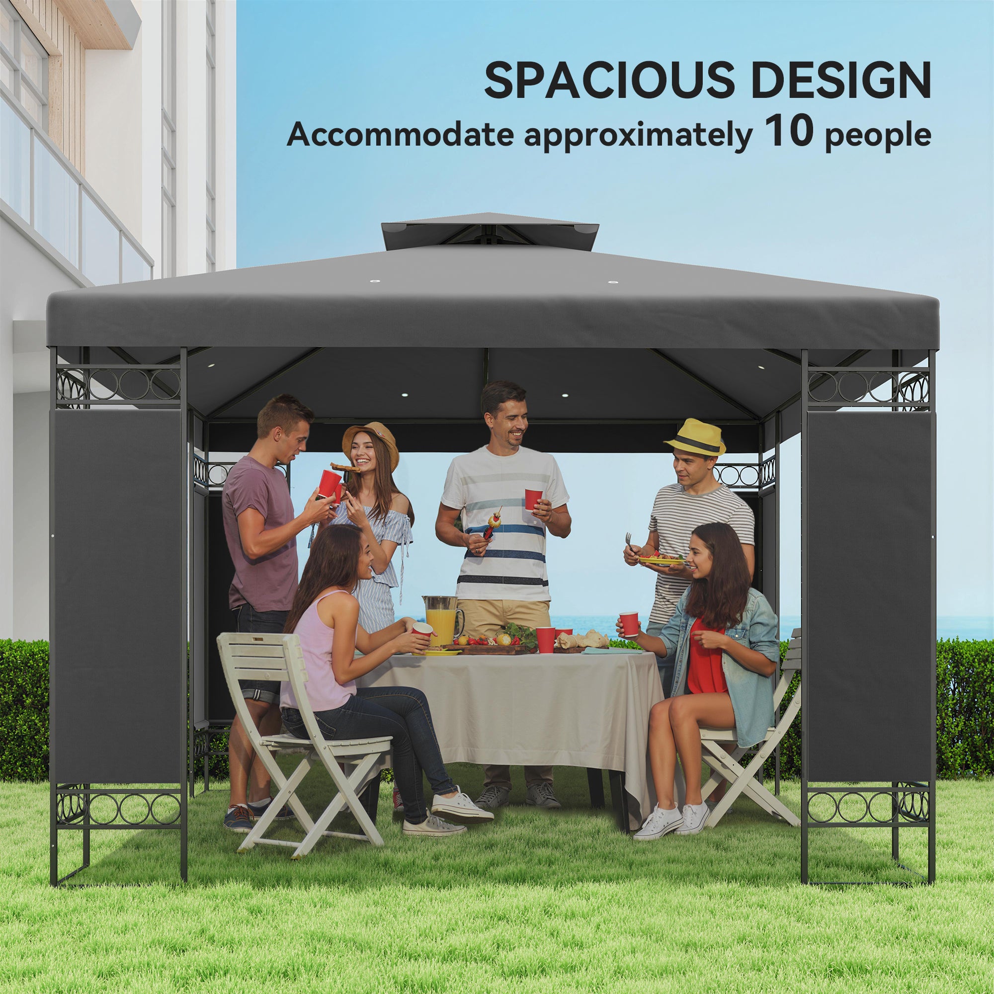 10x10 Canopy Gazebo with Screen Panels Dark Grey-DECOROLALA