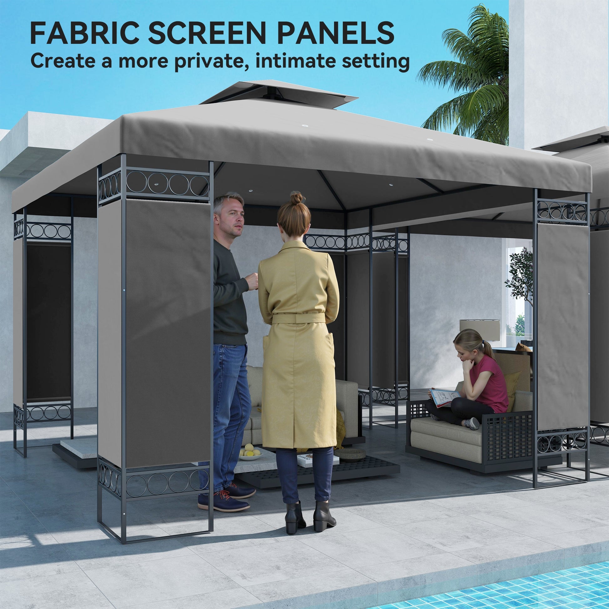 10x10 Canopy Gazebo with Screen Panels Dark Grey-DECOROLALA