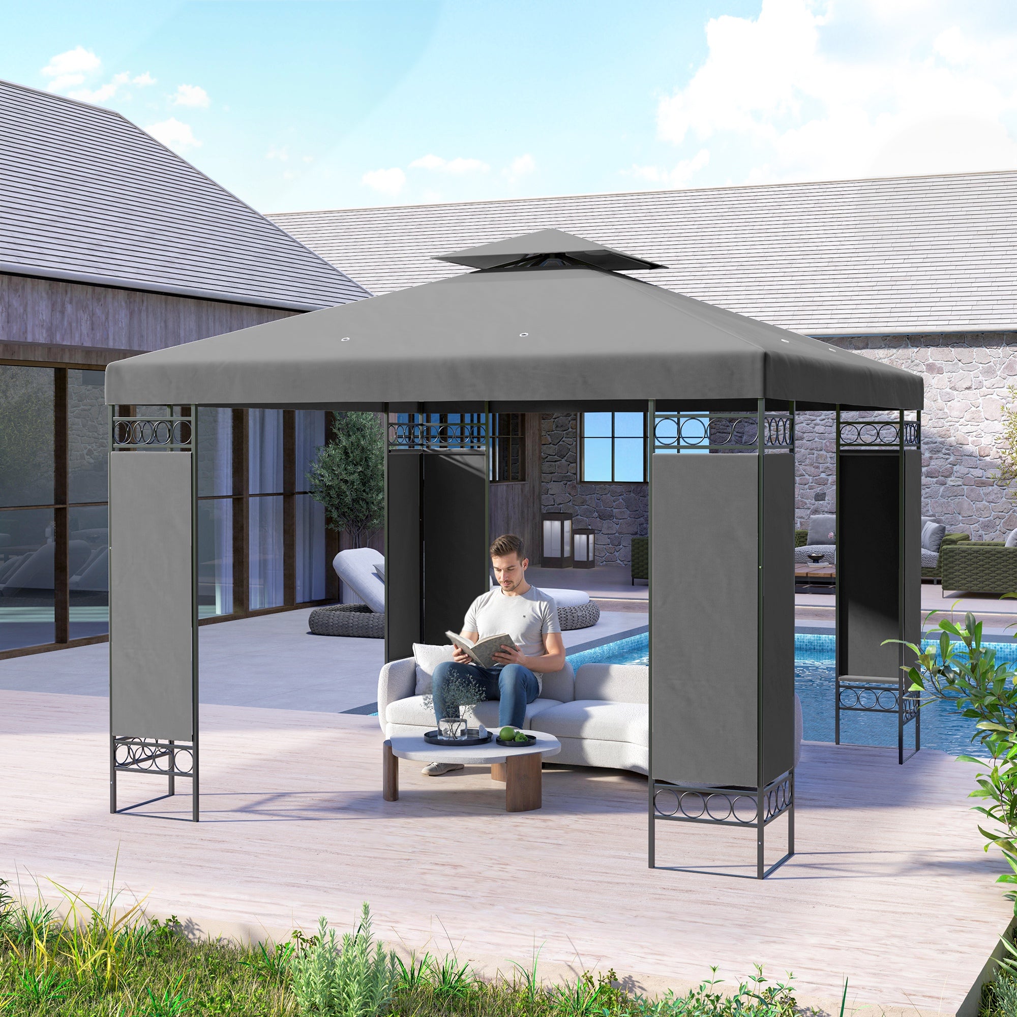 10x10 Canopy Gazebo with Screen Panels Dark Grey-DECOROLALA