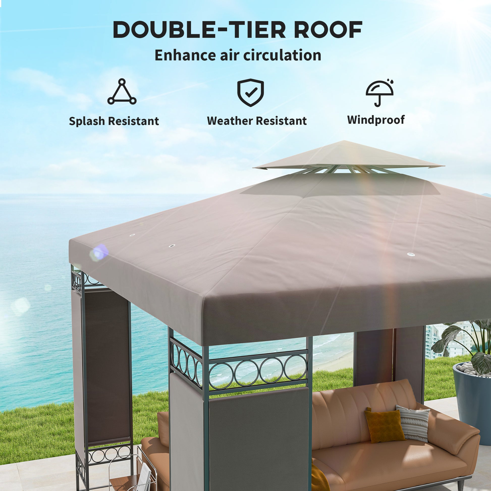 10x10 FT Canopy Gazebo - Double Roof Khaki Patio Tent-DECOROLALA
