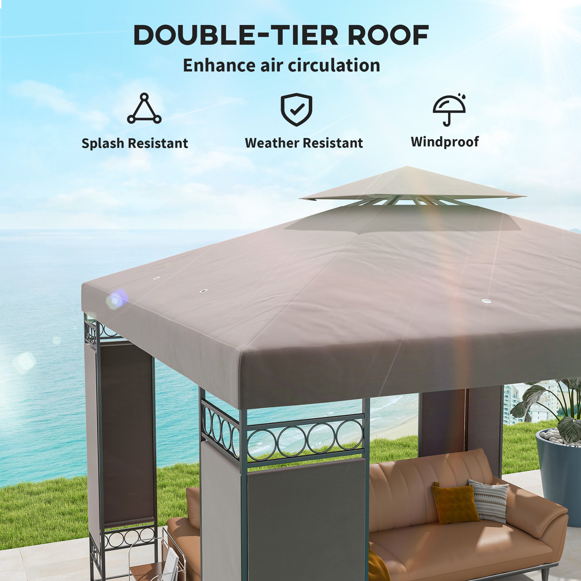 10x10 FT Canopy Gazebo - Double Roof Khaki Patio Tent-DECOROLALA