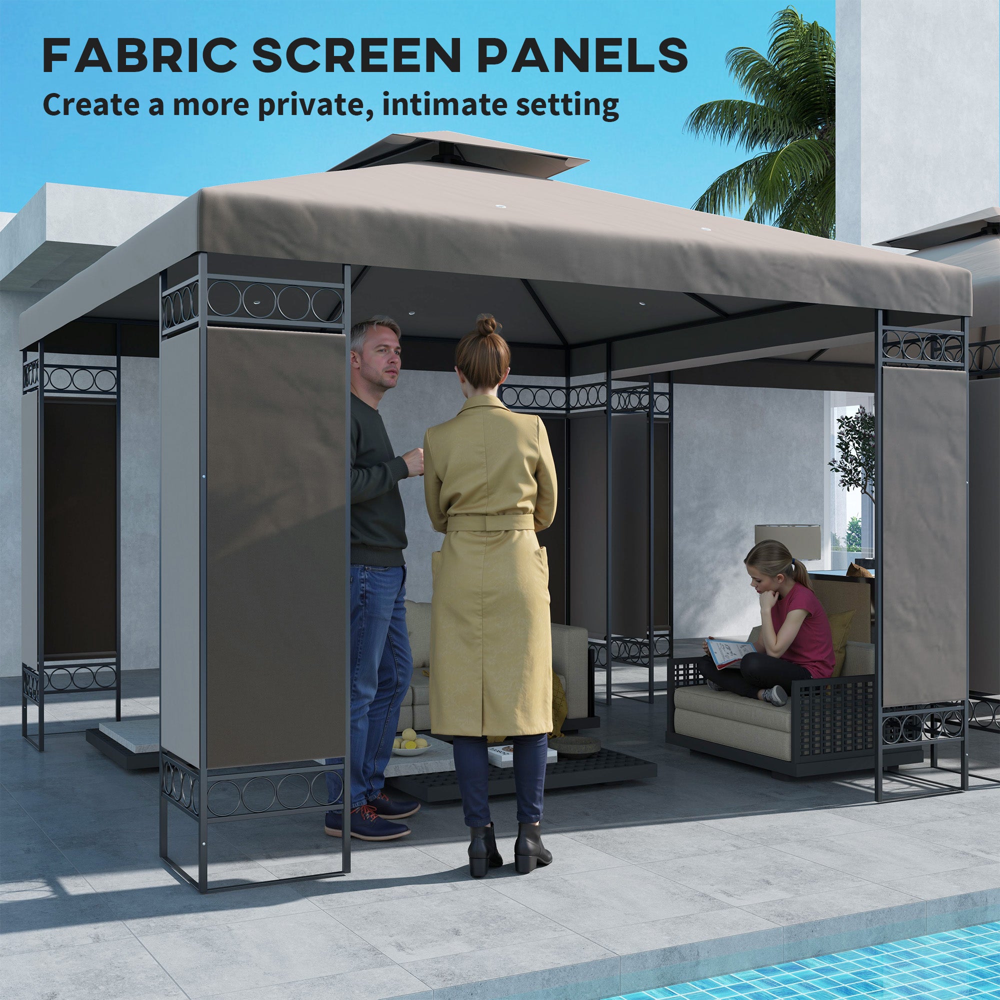 10x10 FT Canopy Gazebo - Double Roof Khaki Patio Tent-DECOROLALA