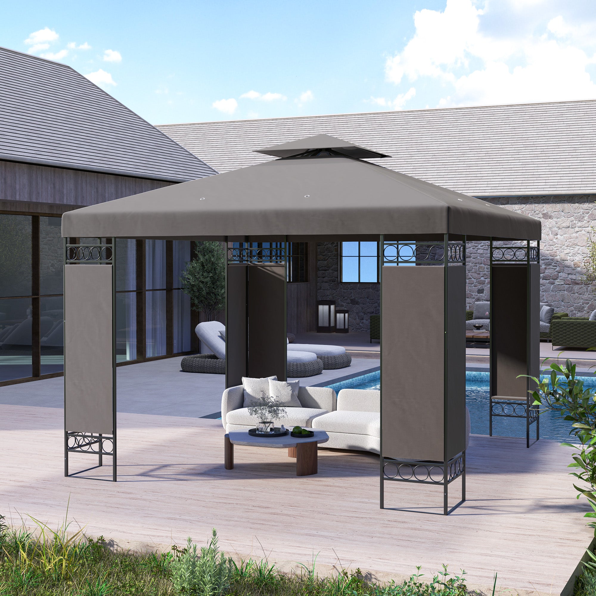 10x10 FT Canopy Gazebo - Double Roof Khaki Patio Tent-DECOROLALA