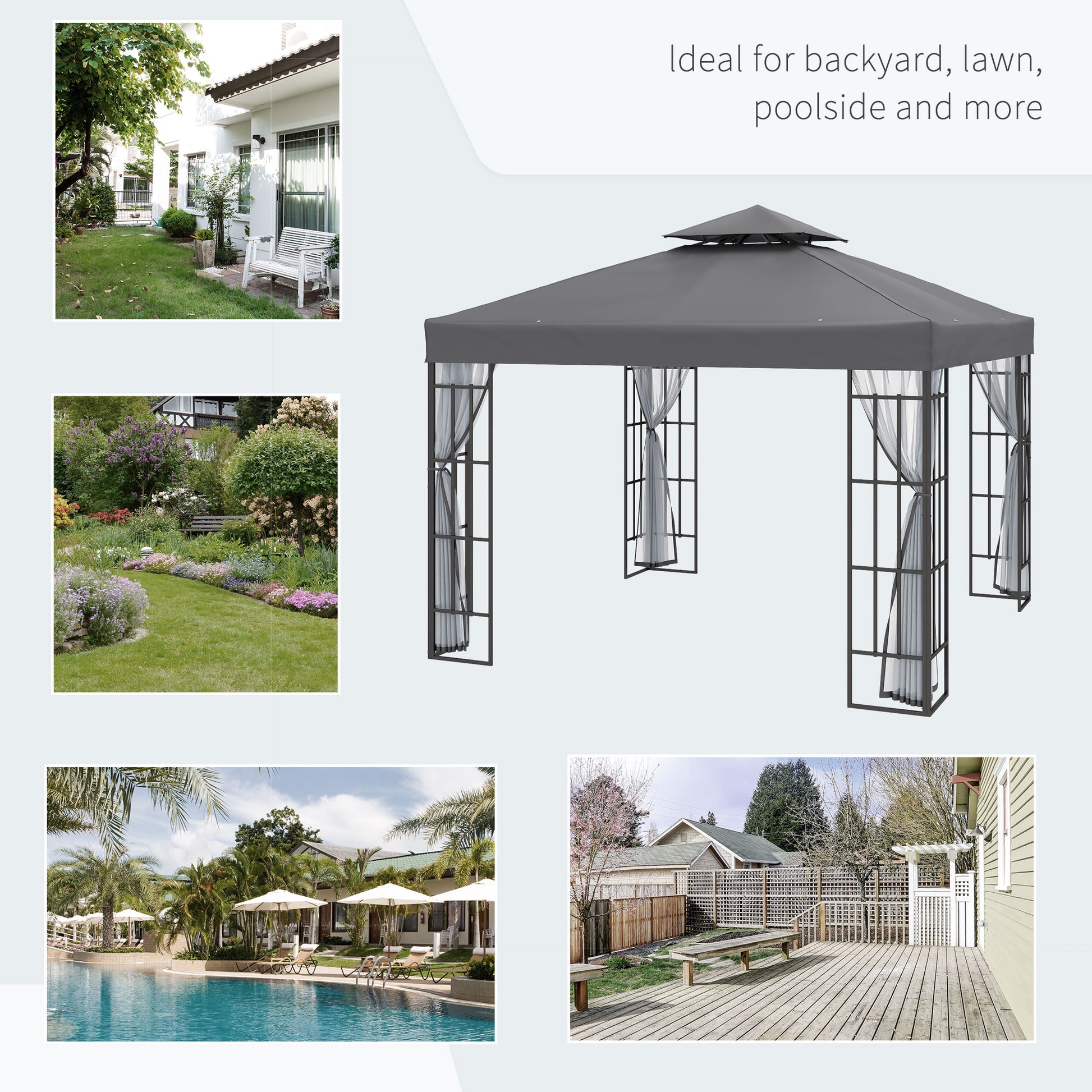 10x10 Gazebo Canopy Portable Party Backyard w/ Mosquito Netting Grey-DECOROLALA