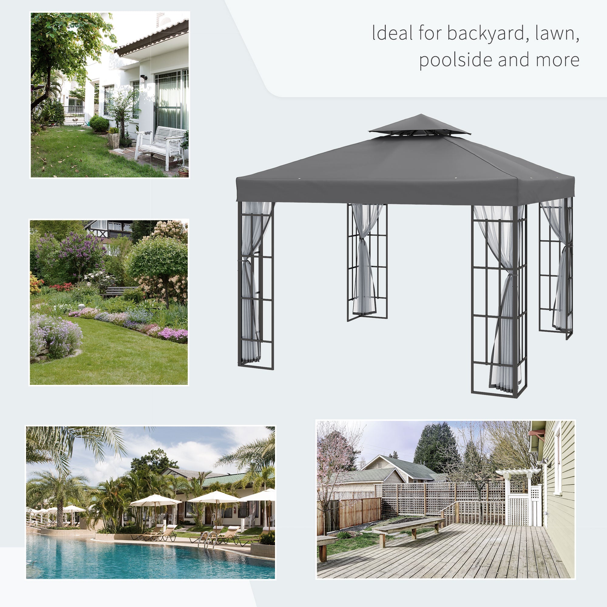 10x10 Gazebo Canopy Portable Party Backyard w/ Mosquito Netting Grey-DECOROLALA