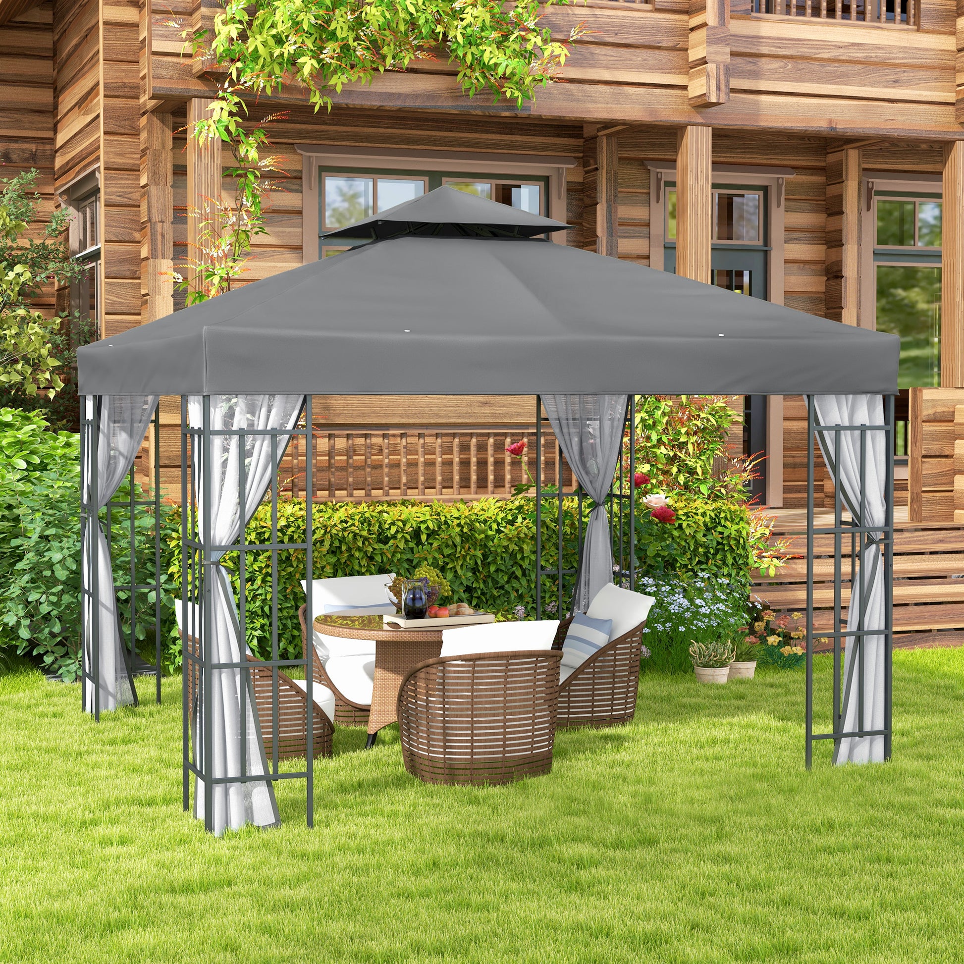 10x10 Gazebo Canopy Portable Party Backyard w/ Mosquito Netting Grey-DECOROLALA