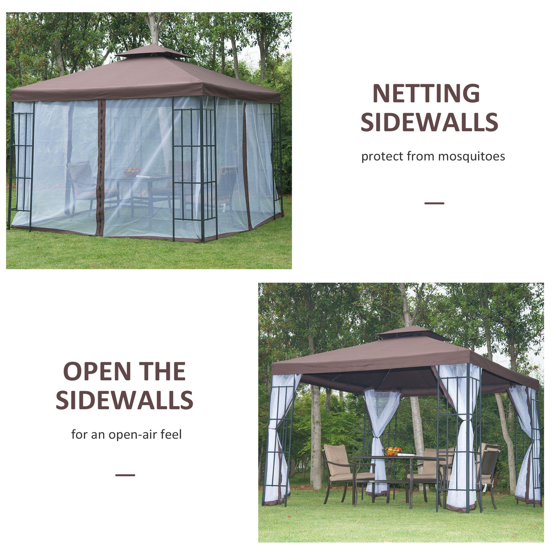 10x10 Gazebo w/ Mosquito Netting - Coffee-DECOROLALA