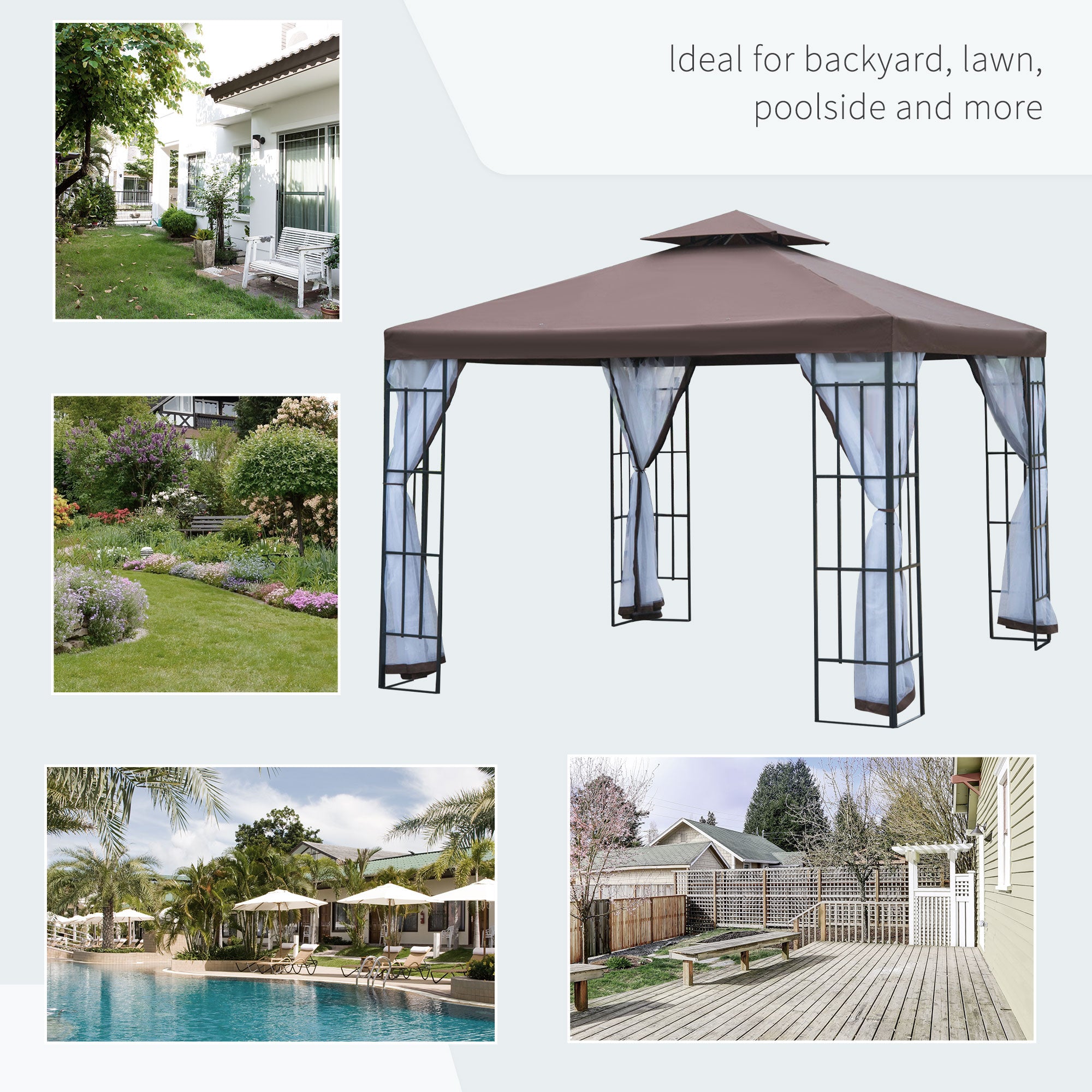10x10 Gazebo w/ Mosquito Netting - Coffee-DECOROLALA