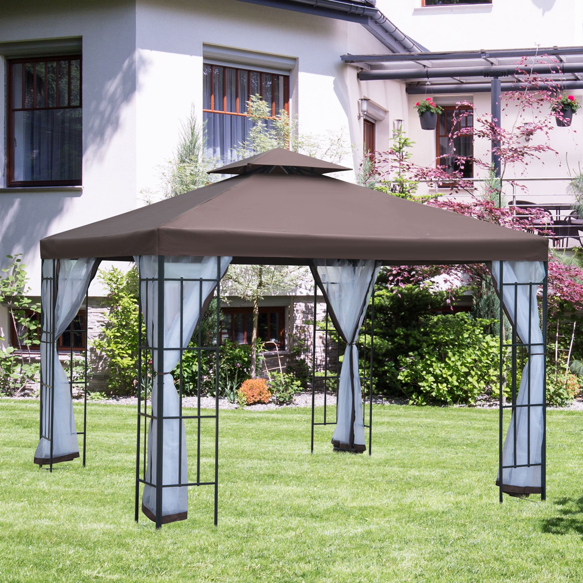 10x10 Gazebo w/ Mosquito Netting - Coffee-DECOROLALA