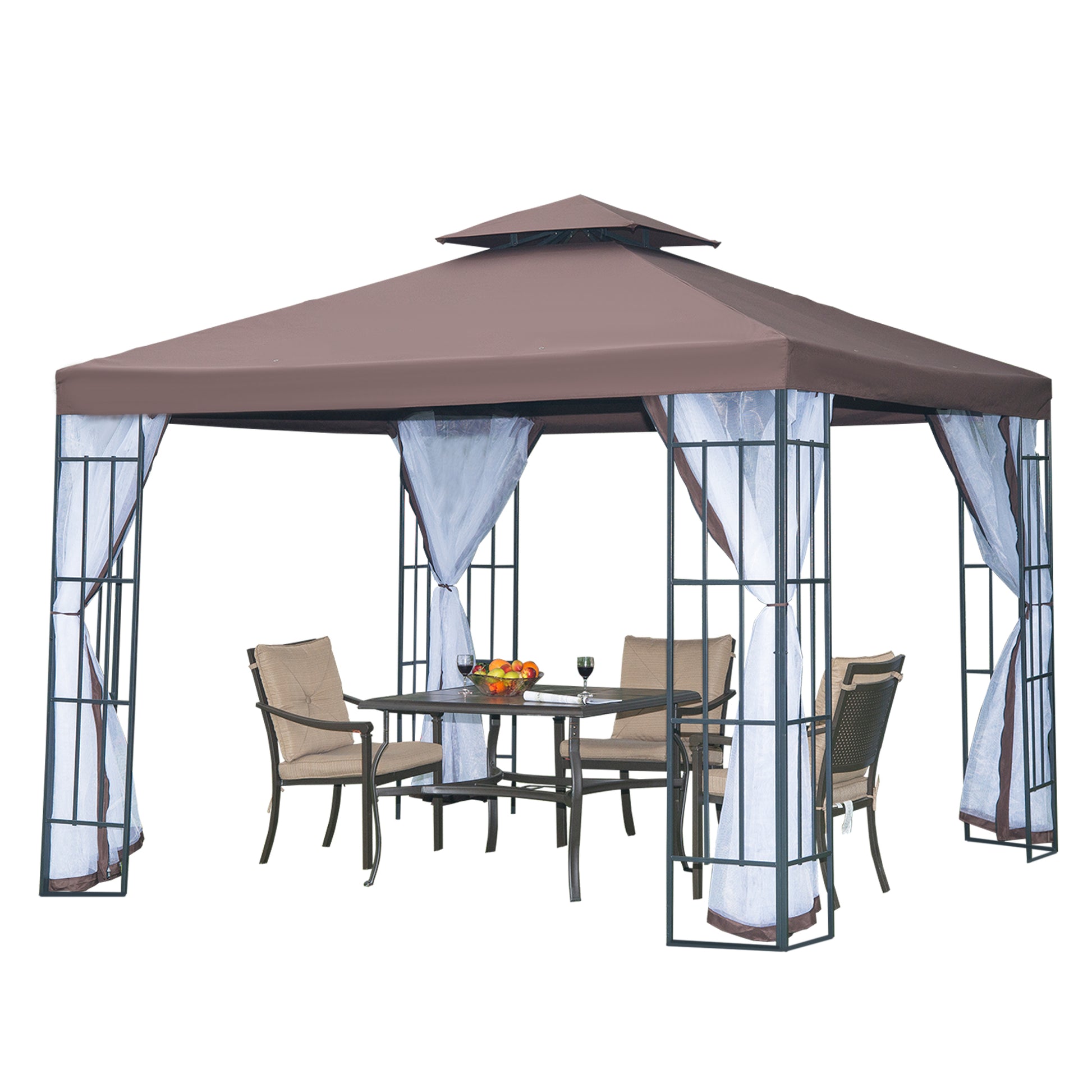 10x10 Gazebo w/ Mosquito Netting - Coffee-DECOROLALA