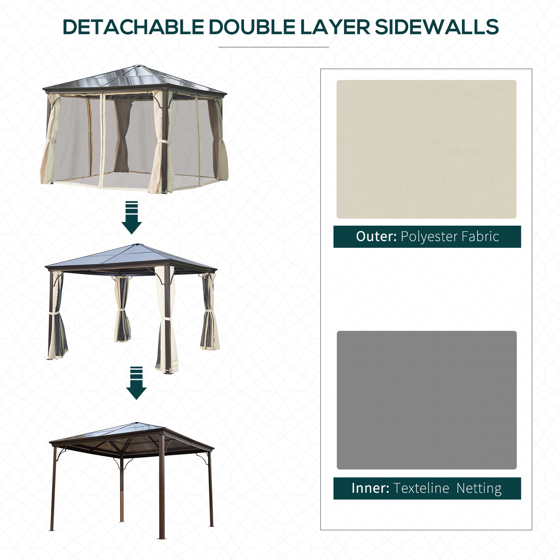 10x10 Hard Top Gazebo - Beige Coffee Metal Frame Curtains-DECOROLALA