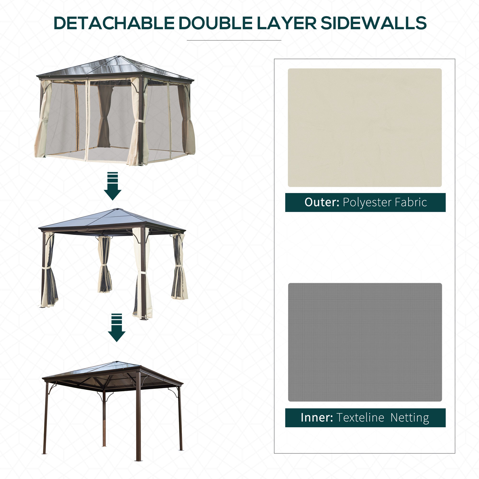 10x10 Hard Top Gazebo - Beige Coffee Metal Frame Curtains-DECOROLALA