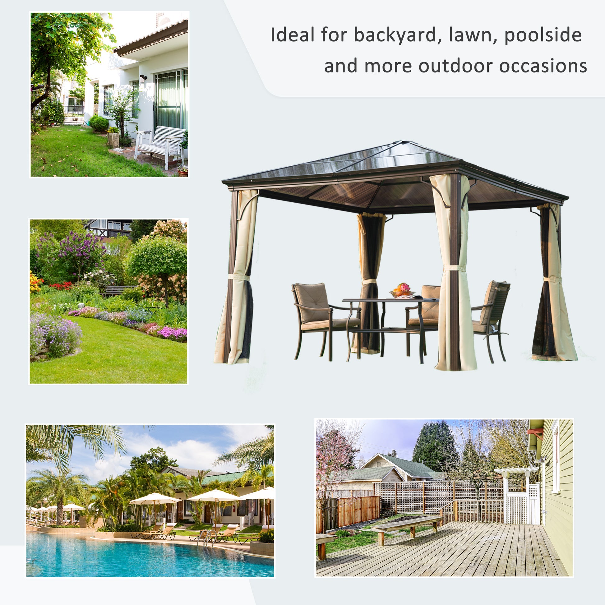 10x10 Hard Top Gazebo - Beige Coffee Metal Frame Curtains-DECOROLALA