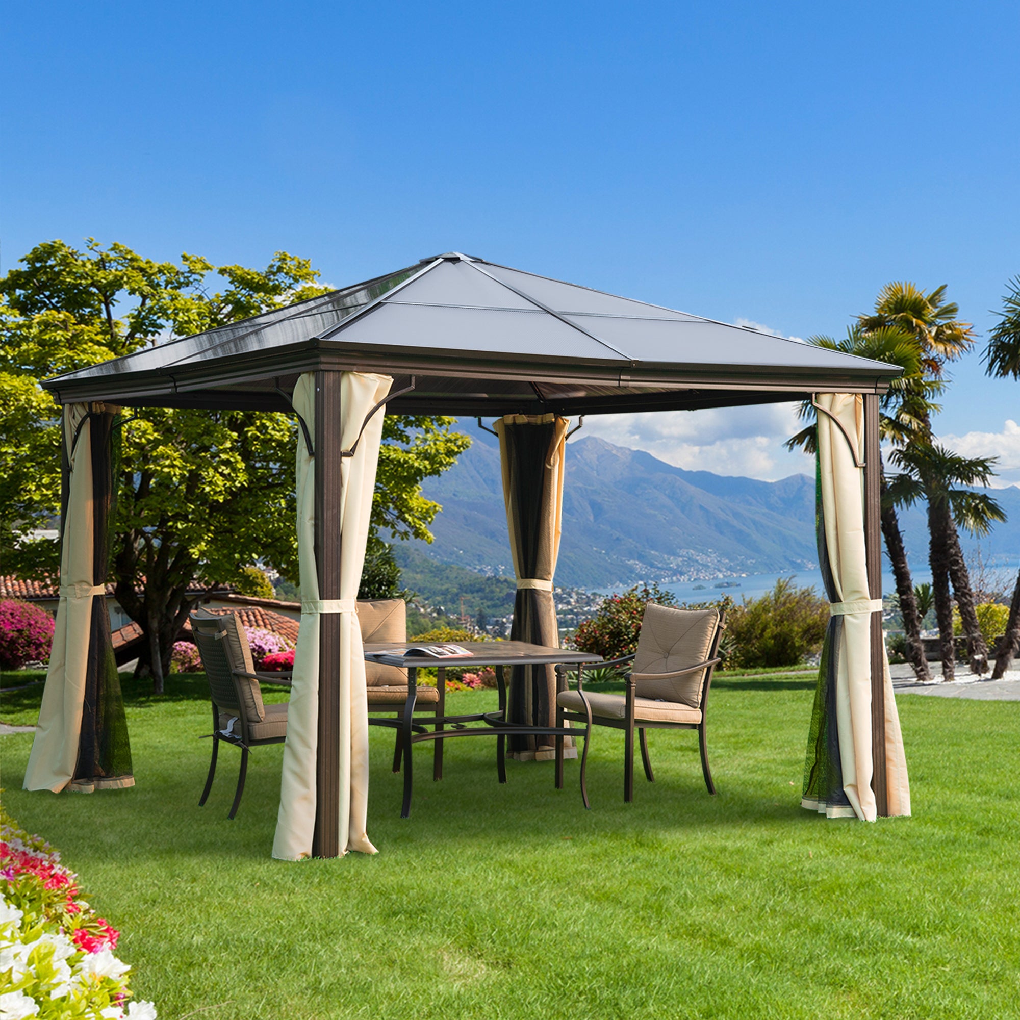 10x10 Hard Top Gazebo - Beige Coffee Metal Frame Curtains-DECOROLALA