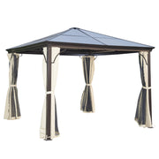 10x10 Hard Top Gazebo - Beige Coffee Metal Frame Curtains-DECOROLALA