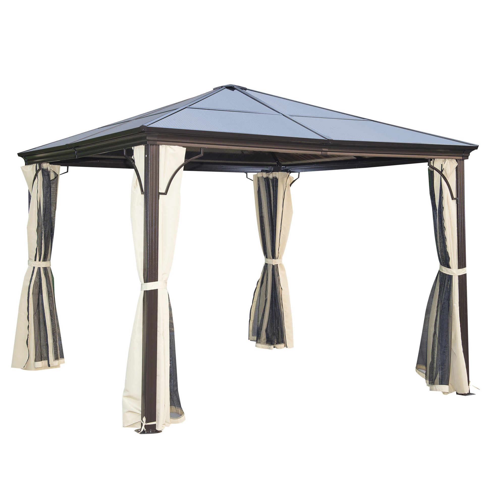 10x10 Hard Top Gazebo - Beige Coffee Metal Frame Curtains-DECOROLALA