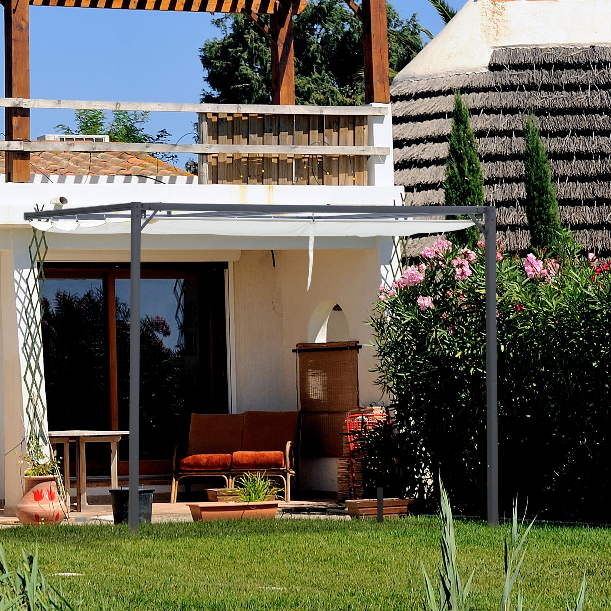 10'x10' Outdoor Pergola with Retractable Canopy - Cream White-DECOROLALA