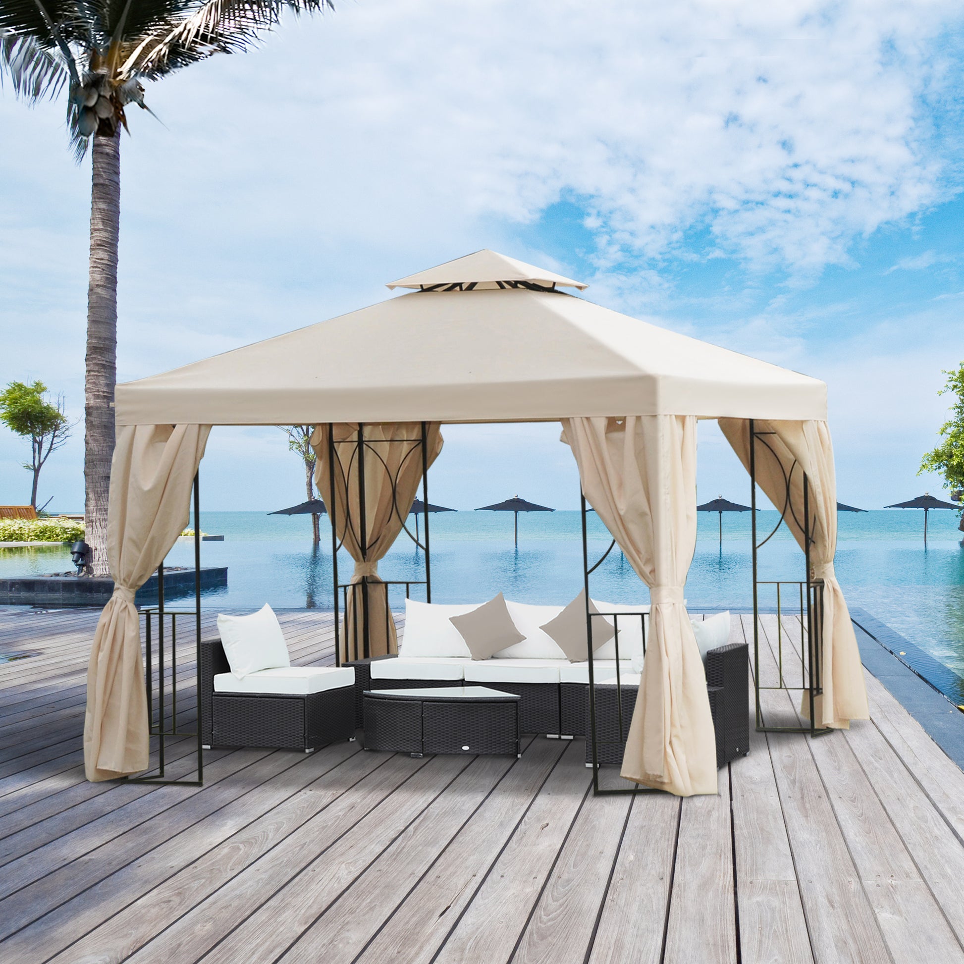 10x10 Patio Gazebo Canopy - Cream White Double Roof-DECOROLALA
