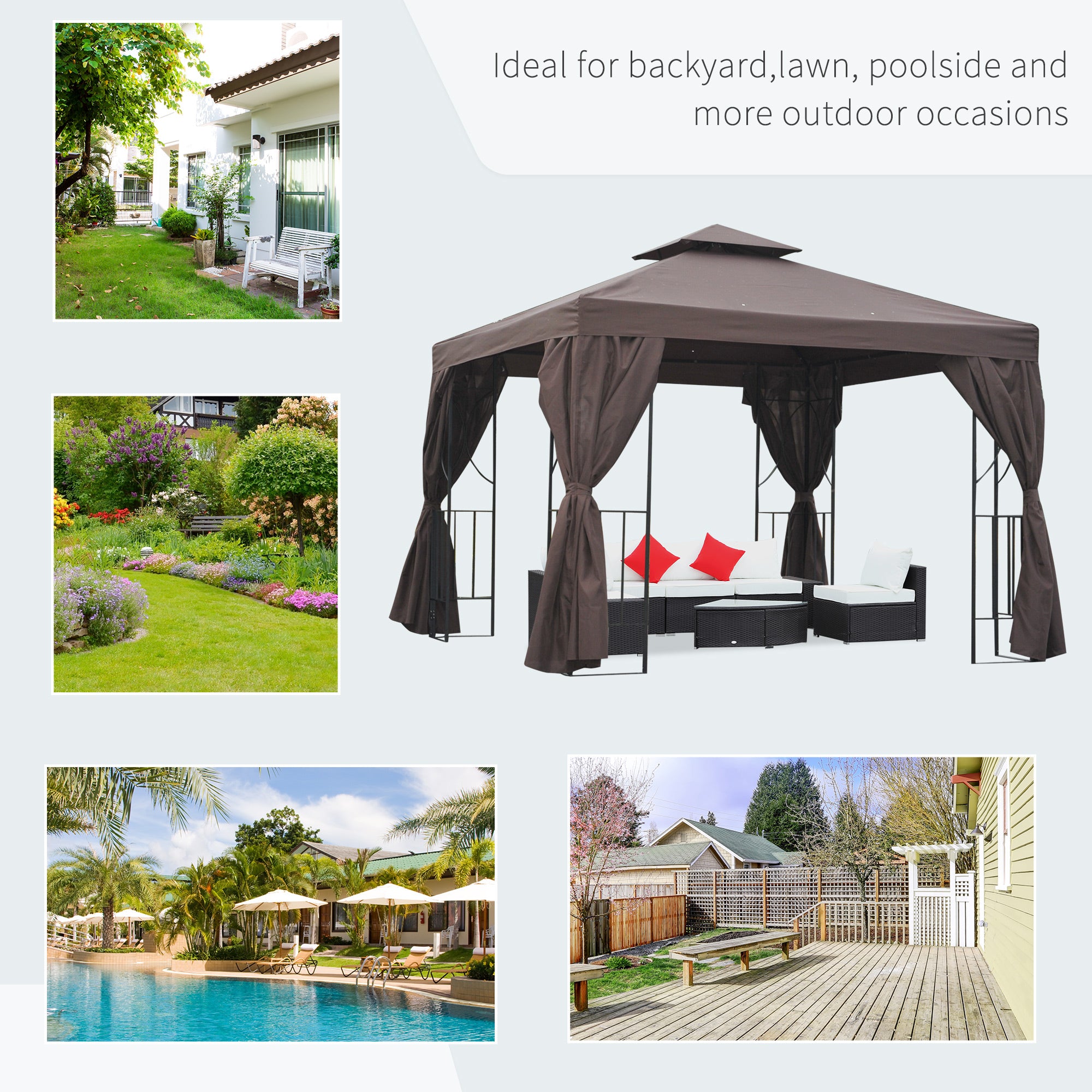 10x10 Patio Gazebo Canopy Shelter, Double-Tier Roof, Brown-DECOROLALA