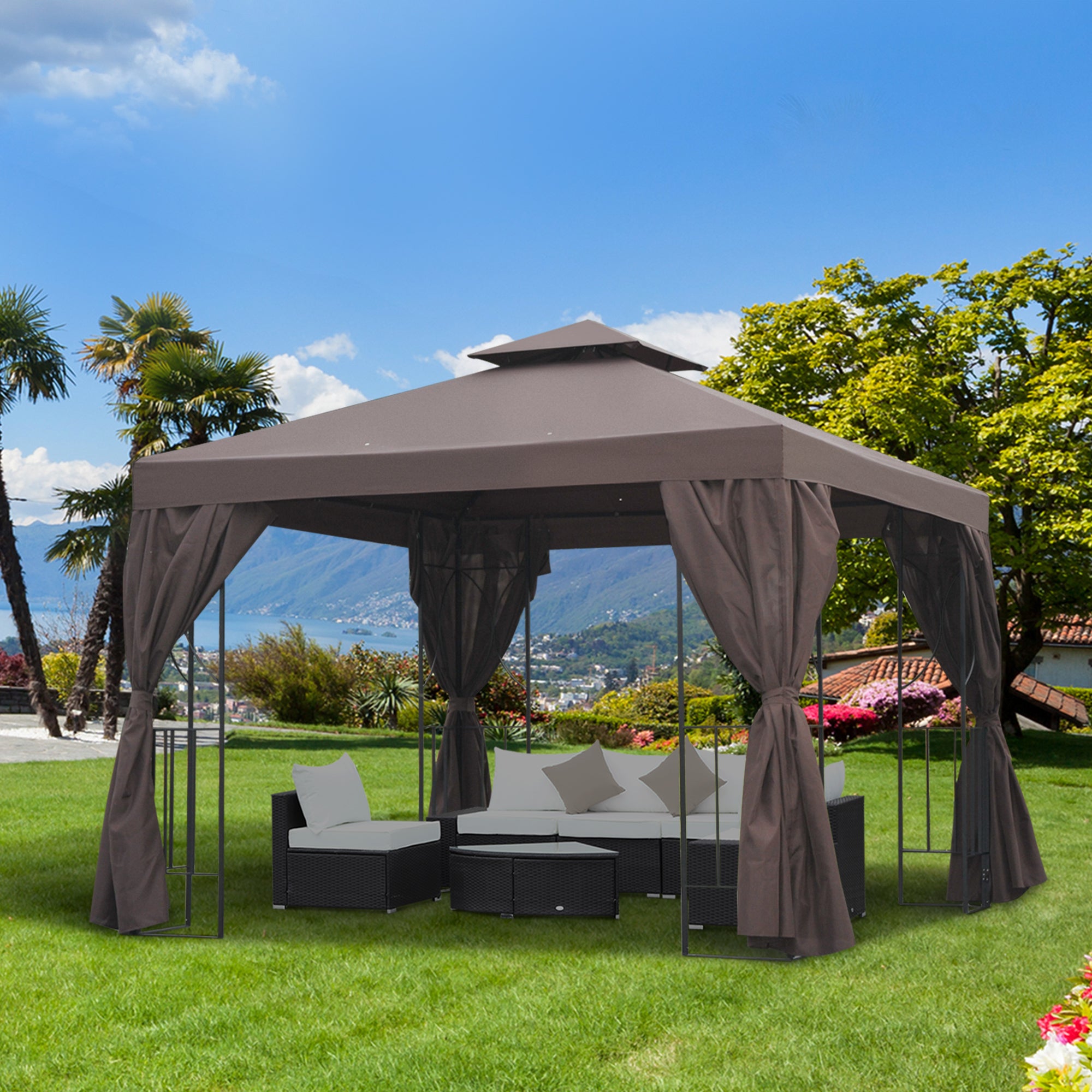 10x10 Patio Gazebo Canopy Shelter, Double-Tier Roof, Brown-DECOROLALA