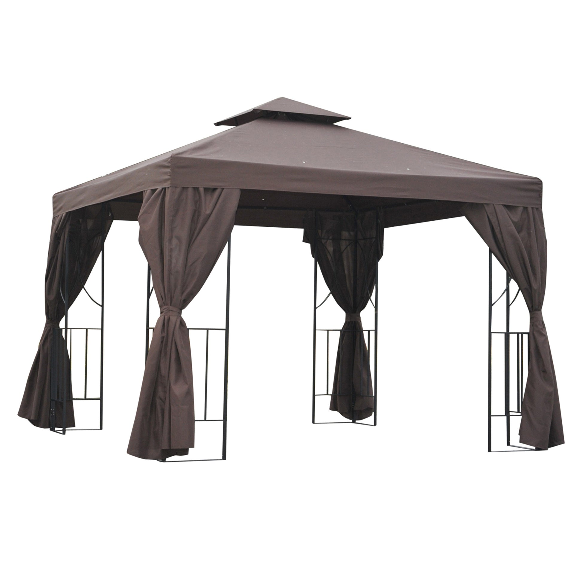 10x10 Patio Gazebo Canopy Shelter, Double-Tier Roof, Brown-DECOROLALA