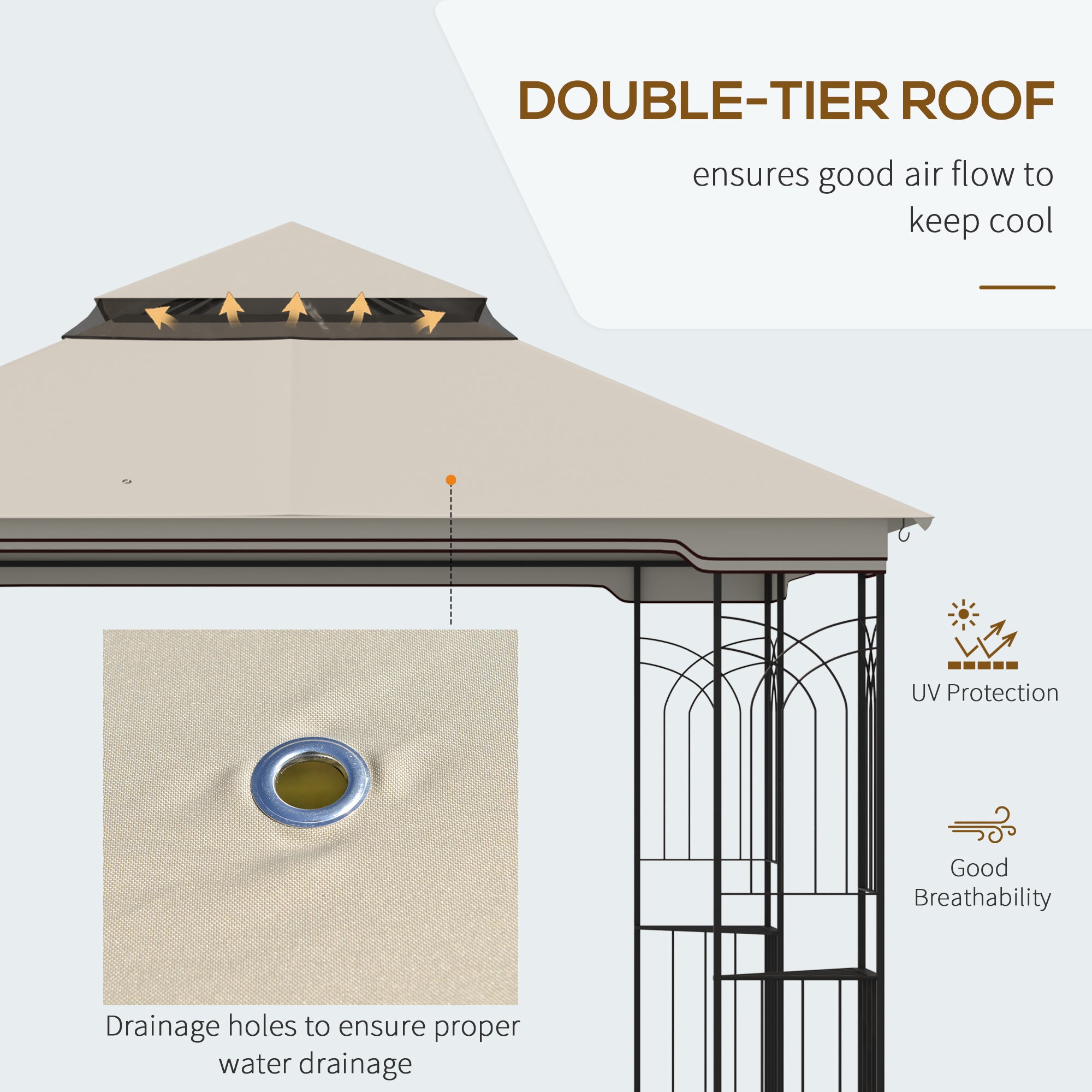 10x10 Patio Gazebo Double Tier Mesh Curtains Beige-DECOROLALA