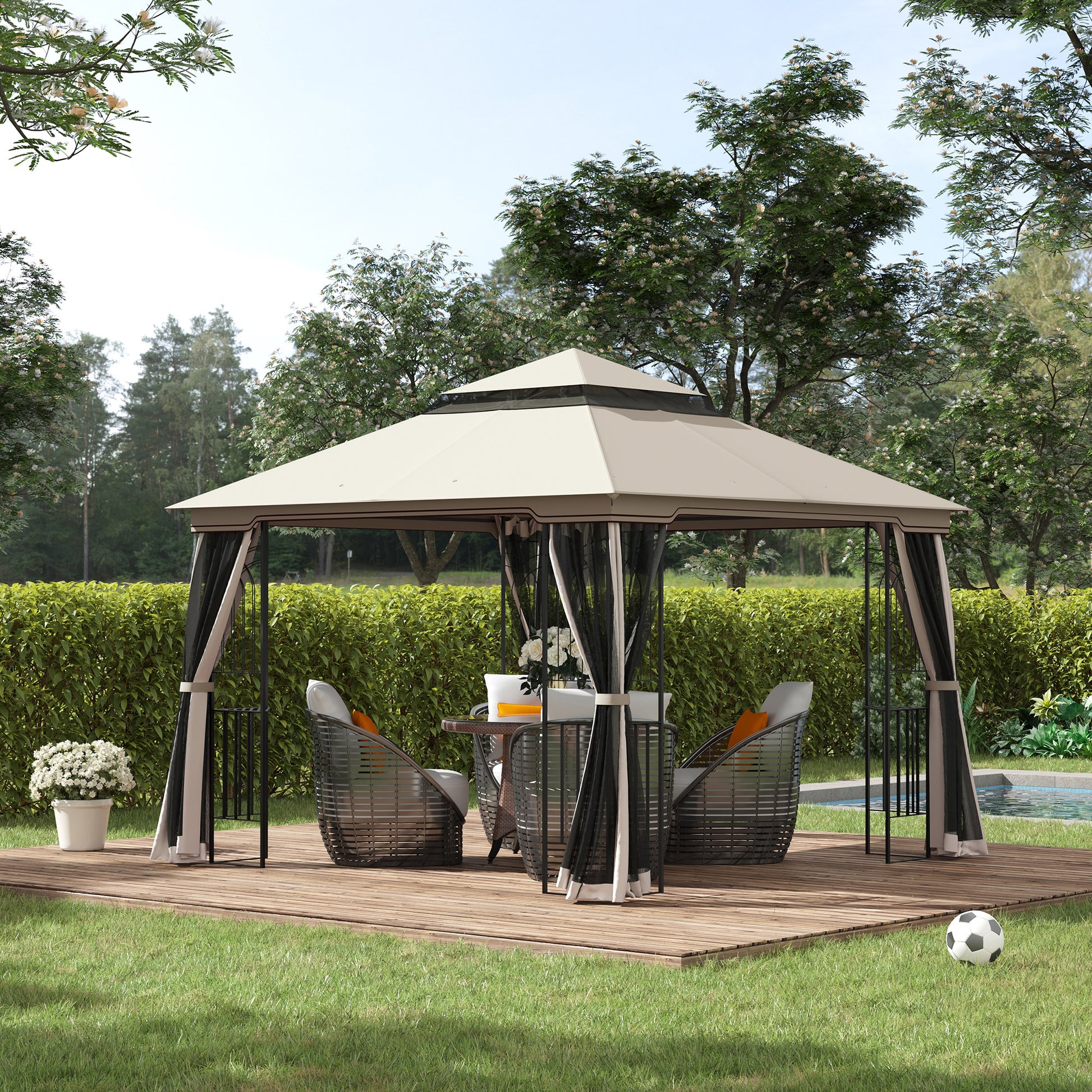 10x10 Patio Gazebo Double Tier Mesh Curtains Beige-DECOROLALA