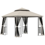 10x10 Patio Gazebo Double Tier Mesh Curtains Beige-DECOROLALA