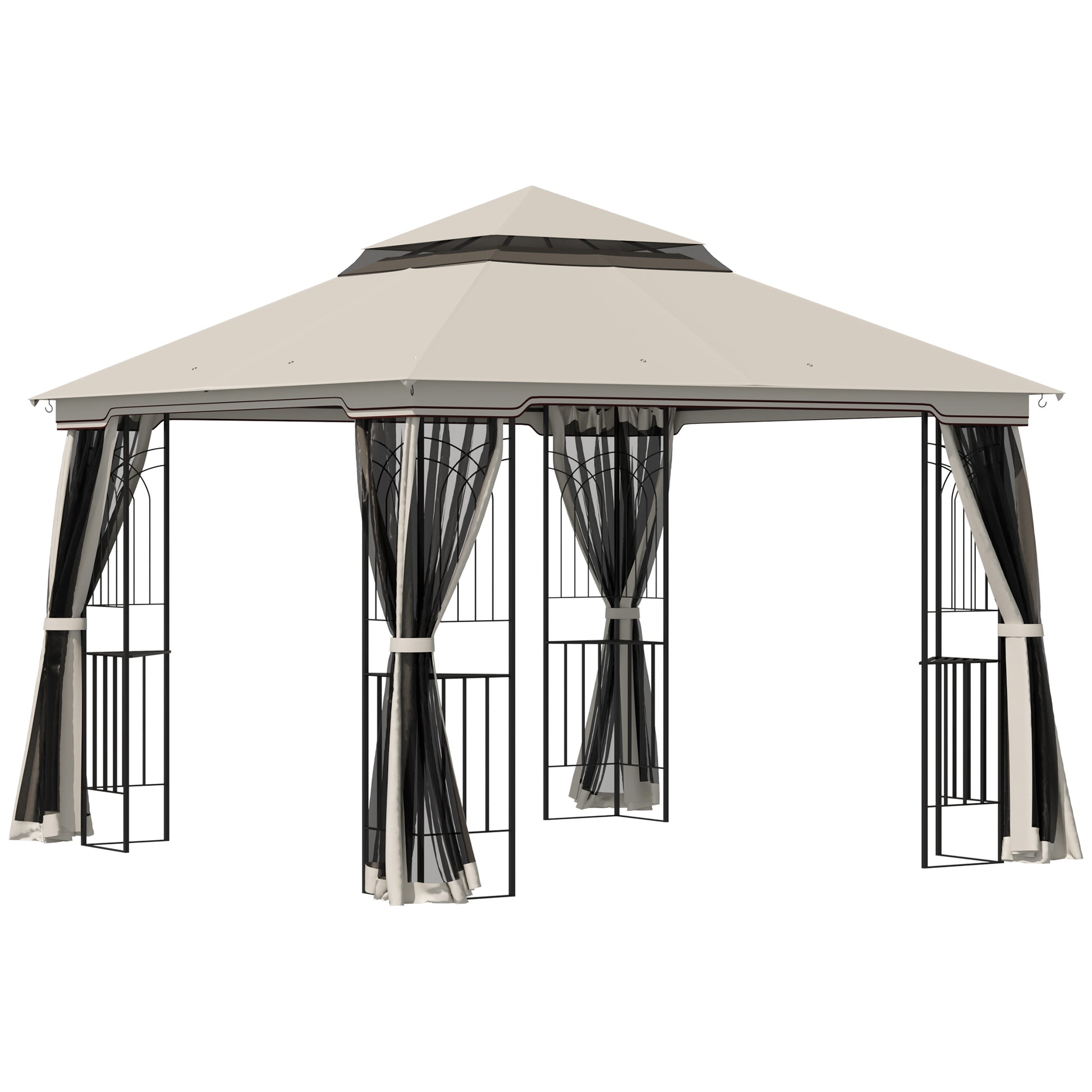 10x10 Patio Gazebo Double Tier Mesh Curtains Beige-DECOROLALA