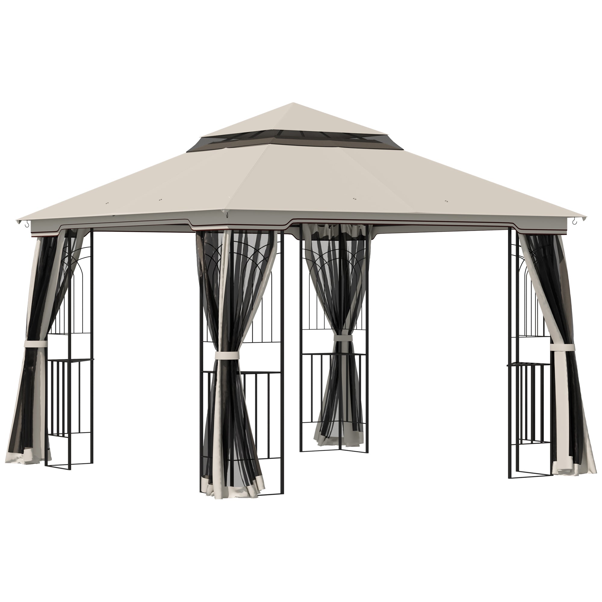 10x10 Patio Gazebo Double Tier Mesh Curtains Beige-DECOROLALA