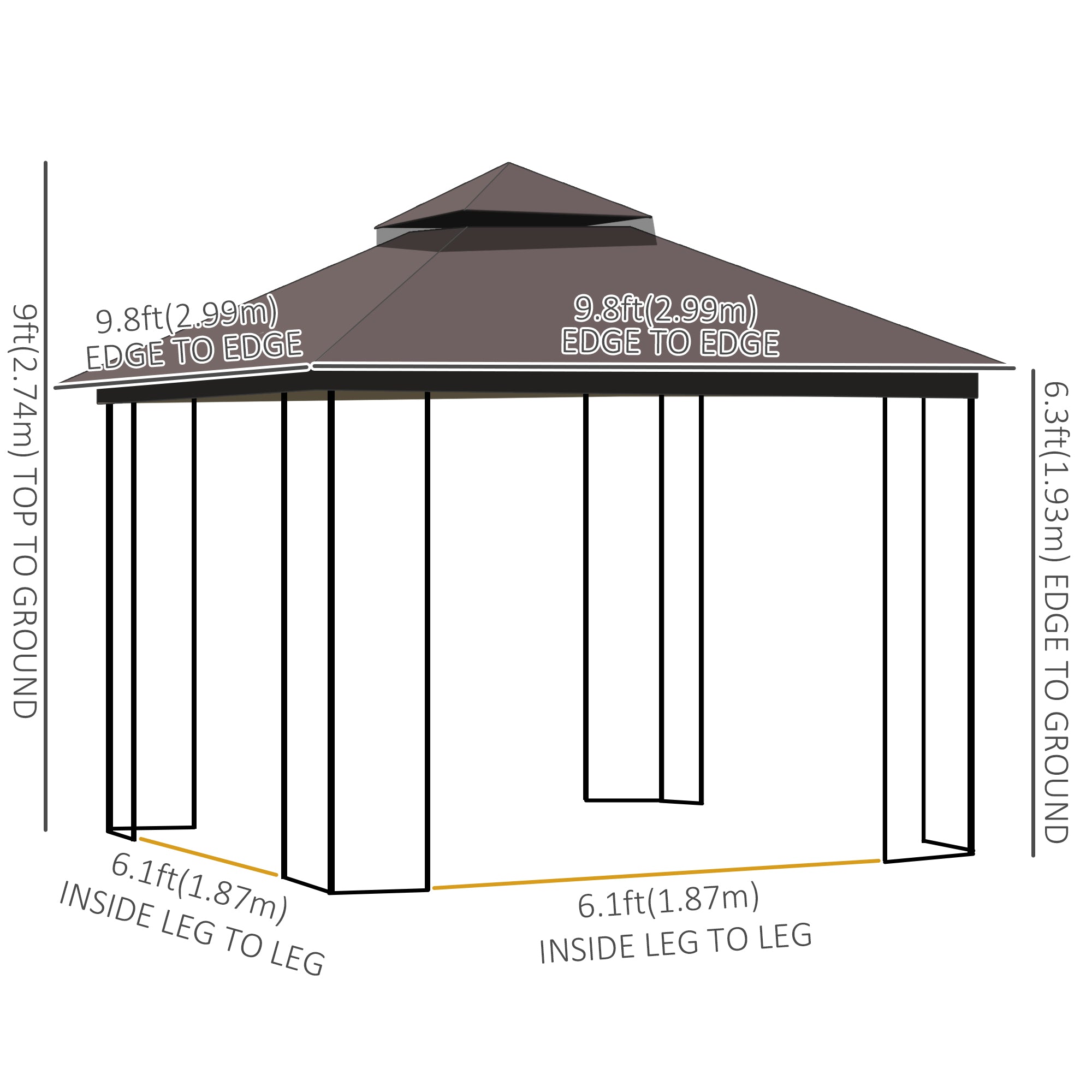 10'x10' Patio Gazebo Double Tier Roof Mesh Coffee-DECOROLALA