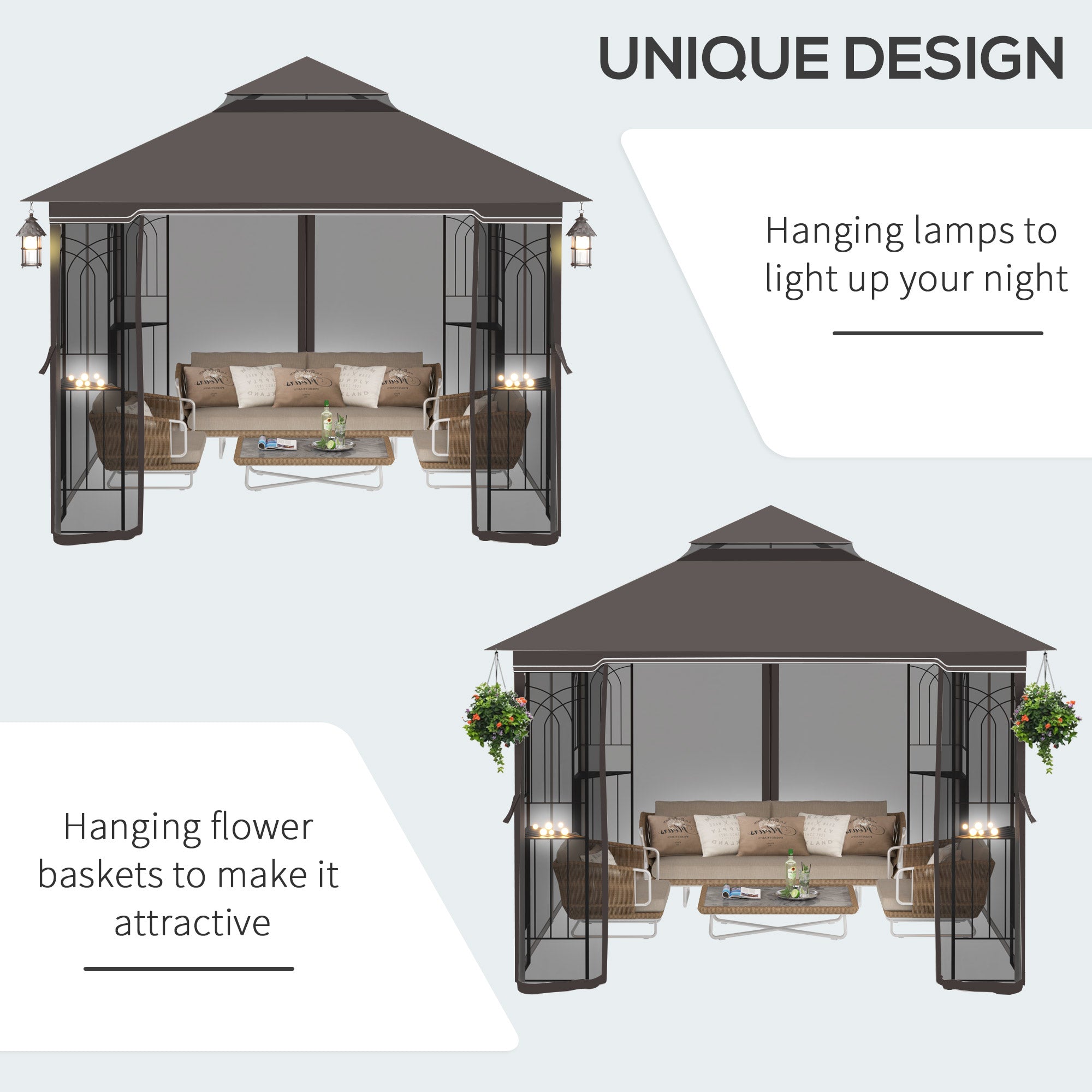 10'x10' Patio Gazebo Double Tier Roof Mesh Coffee-DECOROLALA
