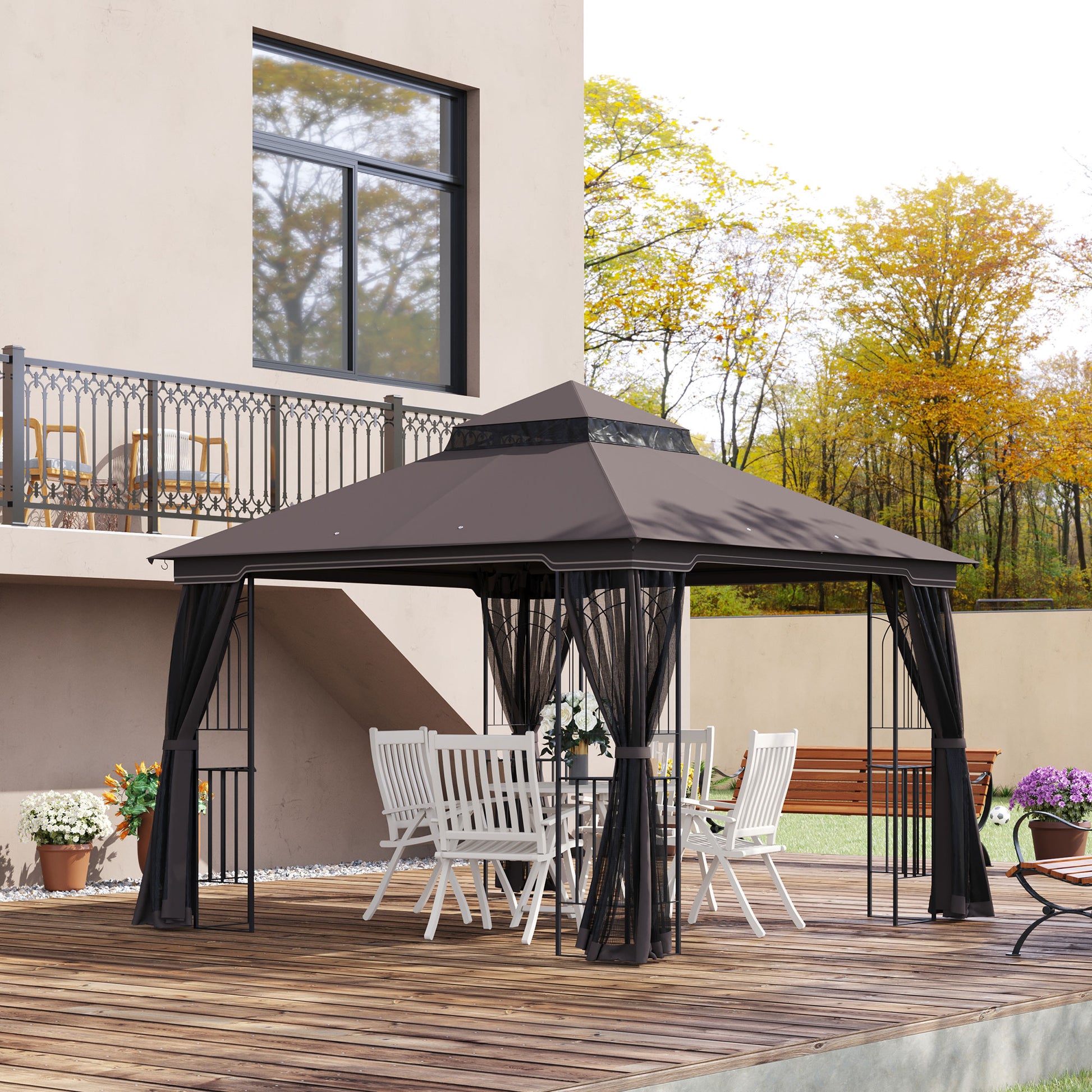 10'x10' Patio Gazebo Double Tier Roof Mesh Coffee-DECOROLALA