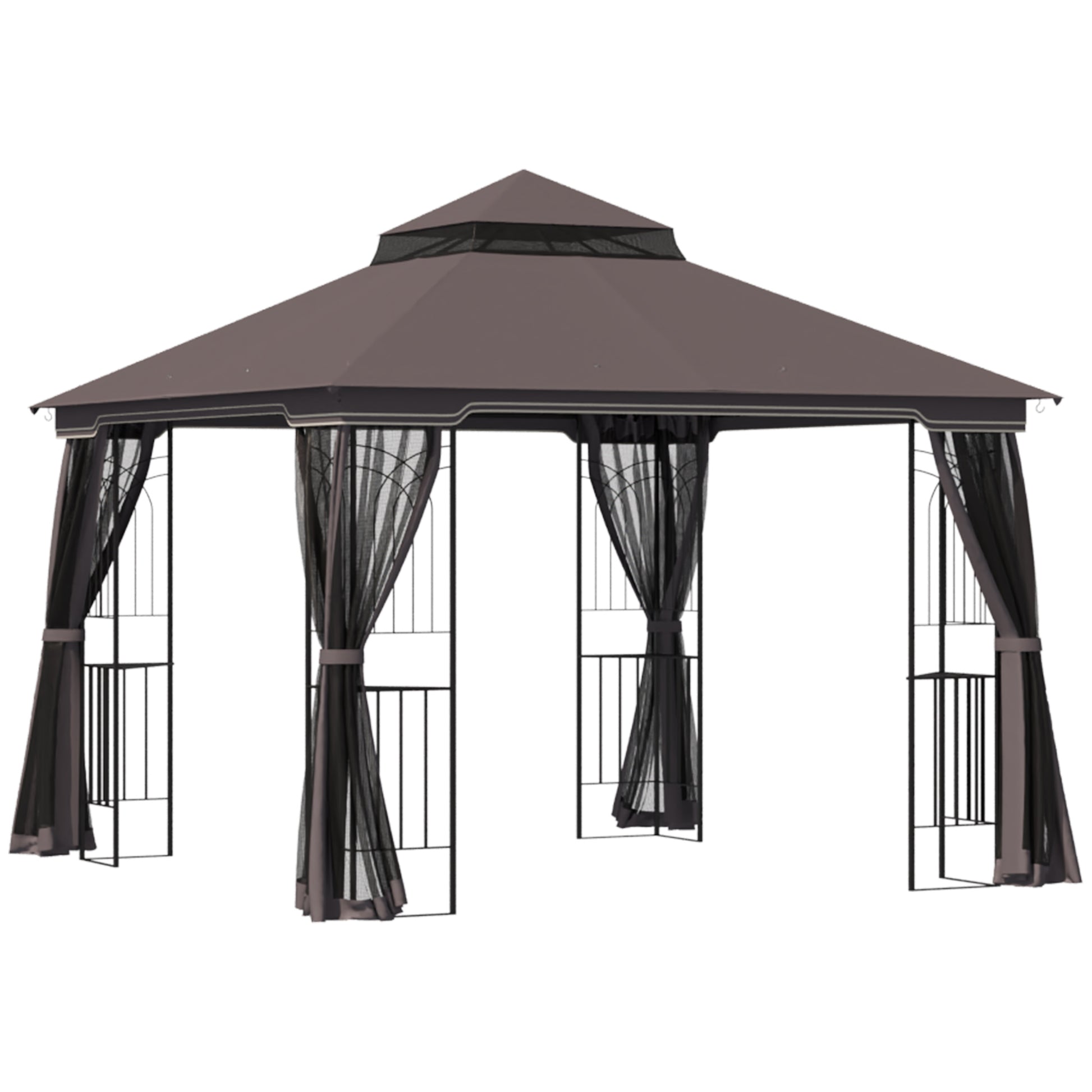 10'x10' Patio Gazebo Double Tier Roof Mesh Coffee-DECOROLALA