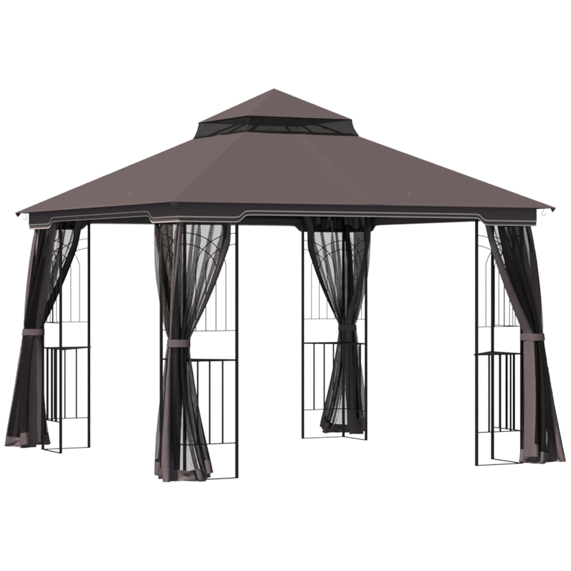 10'x10' Patio Gazebo Double Tier Roof Mesh Coffee-DECOROLALA