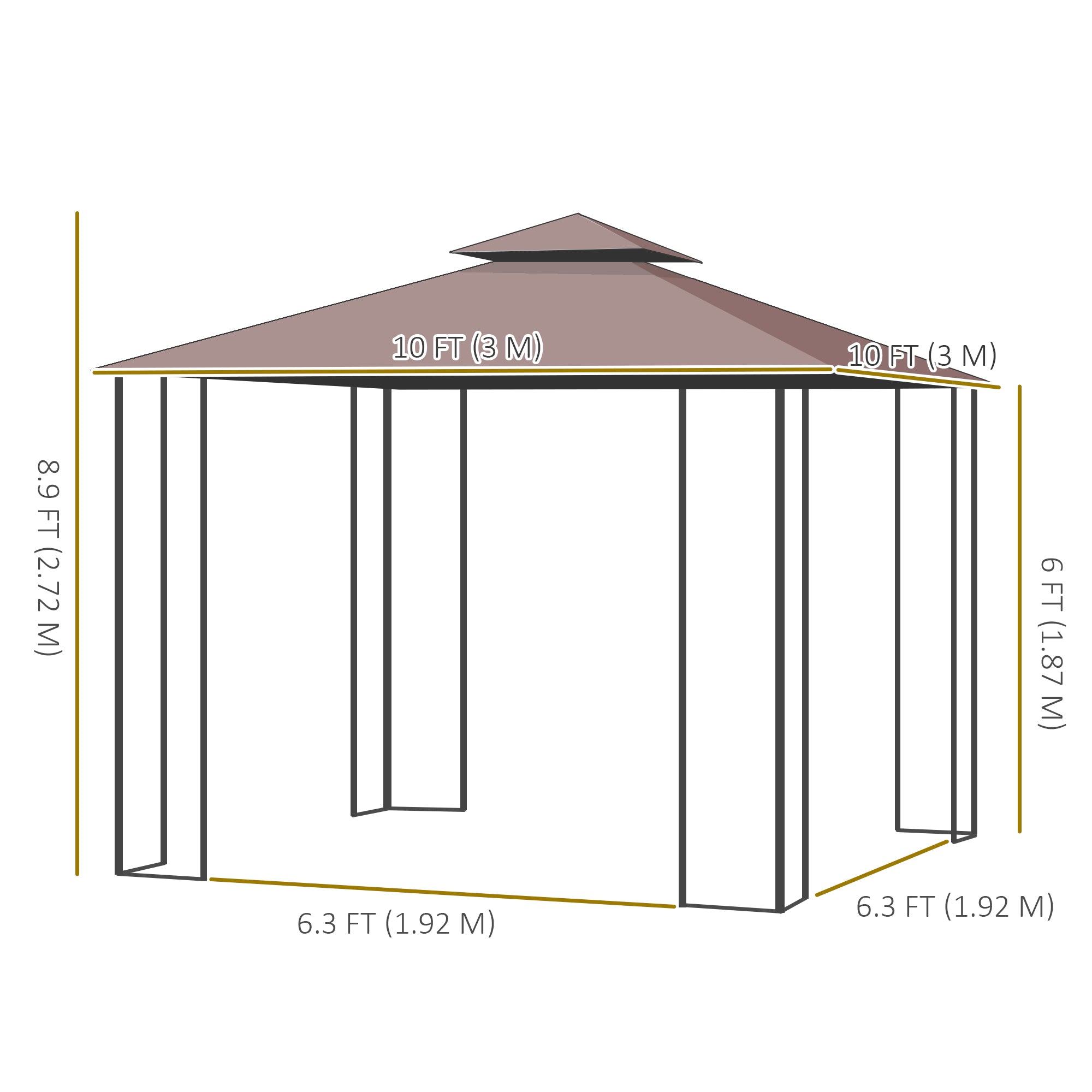 10x10 Patio Gazebo Steel Frame Brown Mesh Roof-DECOROLALA