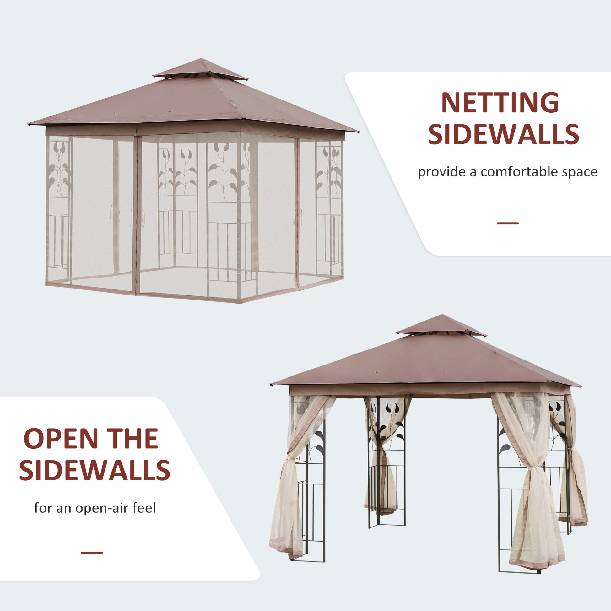 10x10 Patio Gazebo Steel Frame Brown Mesh Roof-DECOROLALA