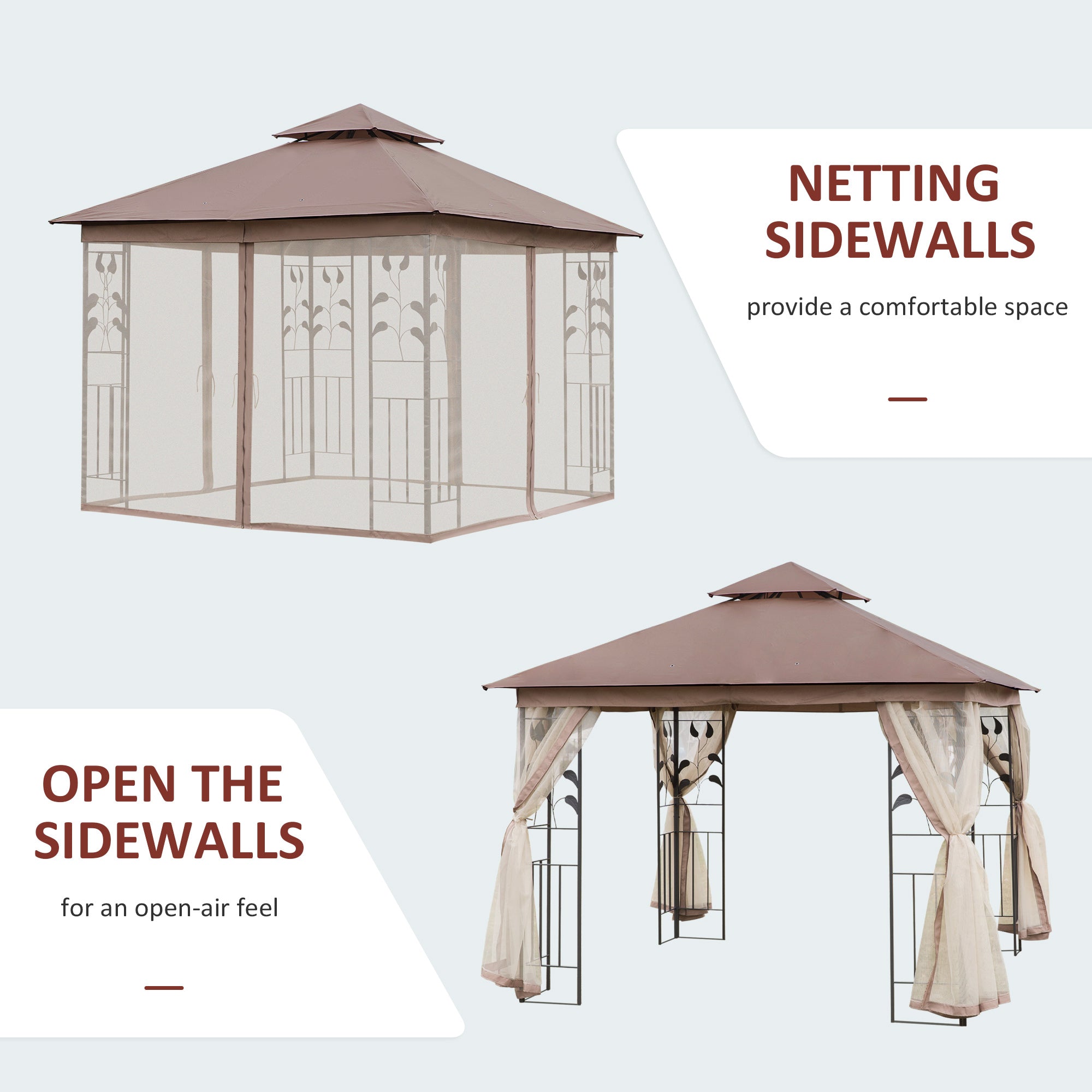10x10 Patio Gazebo Steel Frame Brown Mesh Roof-DECOROLALA