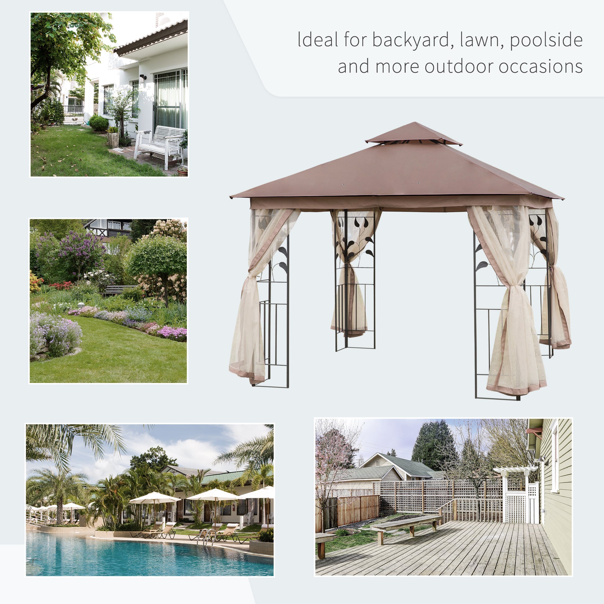 10x10 Patio Gazebo Steel Frame Brown Mesh Roof-DECOROLALA
