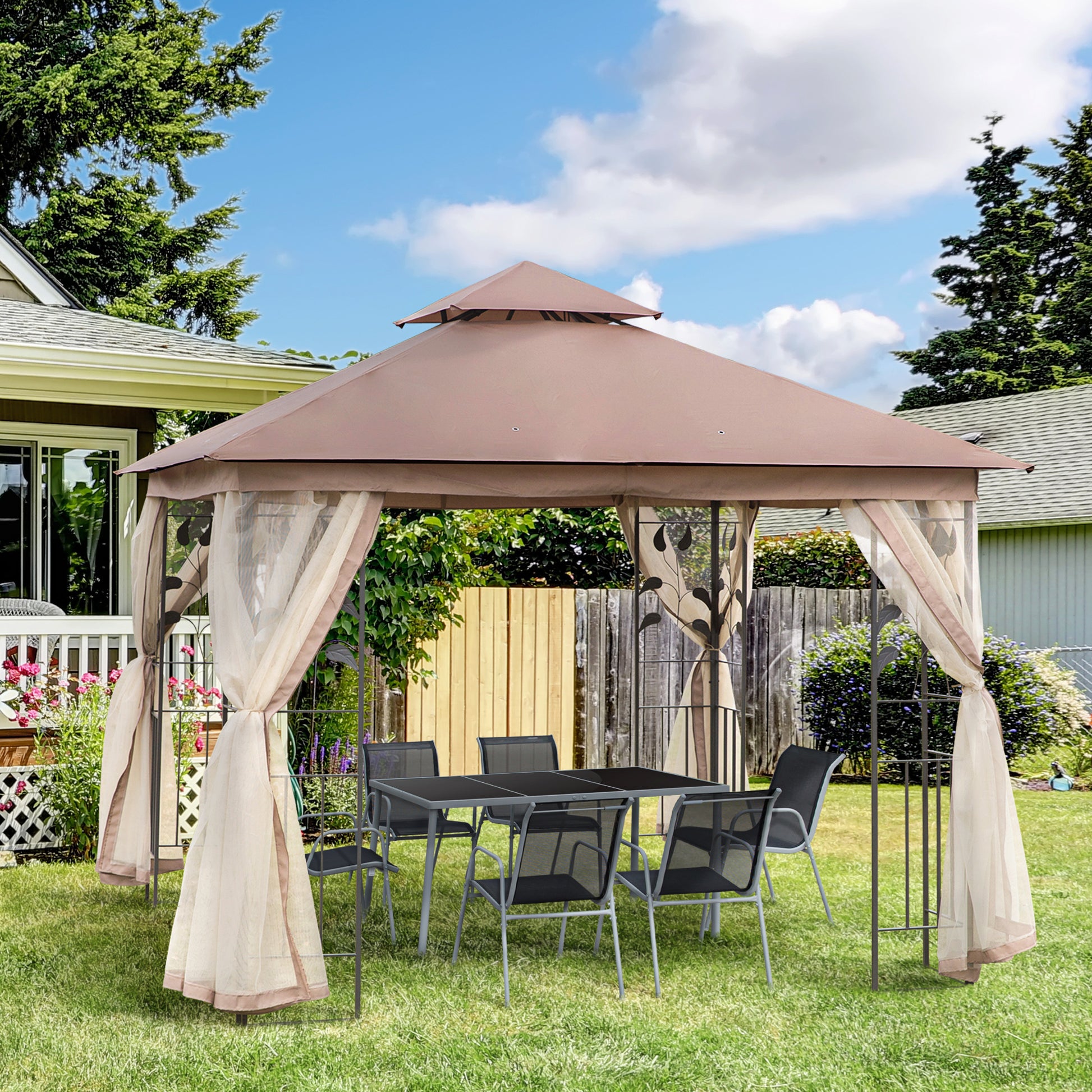 10x10 Patio Gazebo Steel Frame Brown Mesh Roof-DECOROLALA