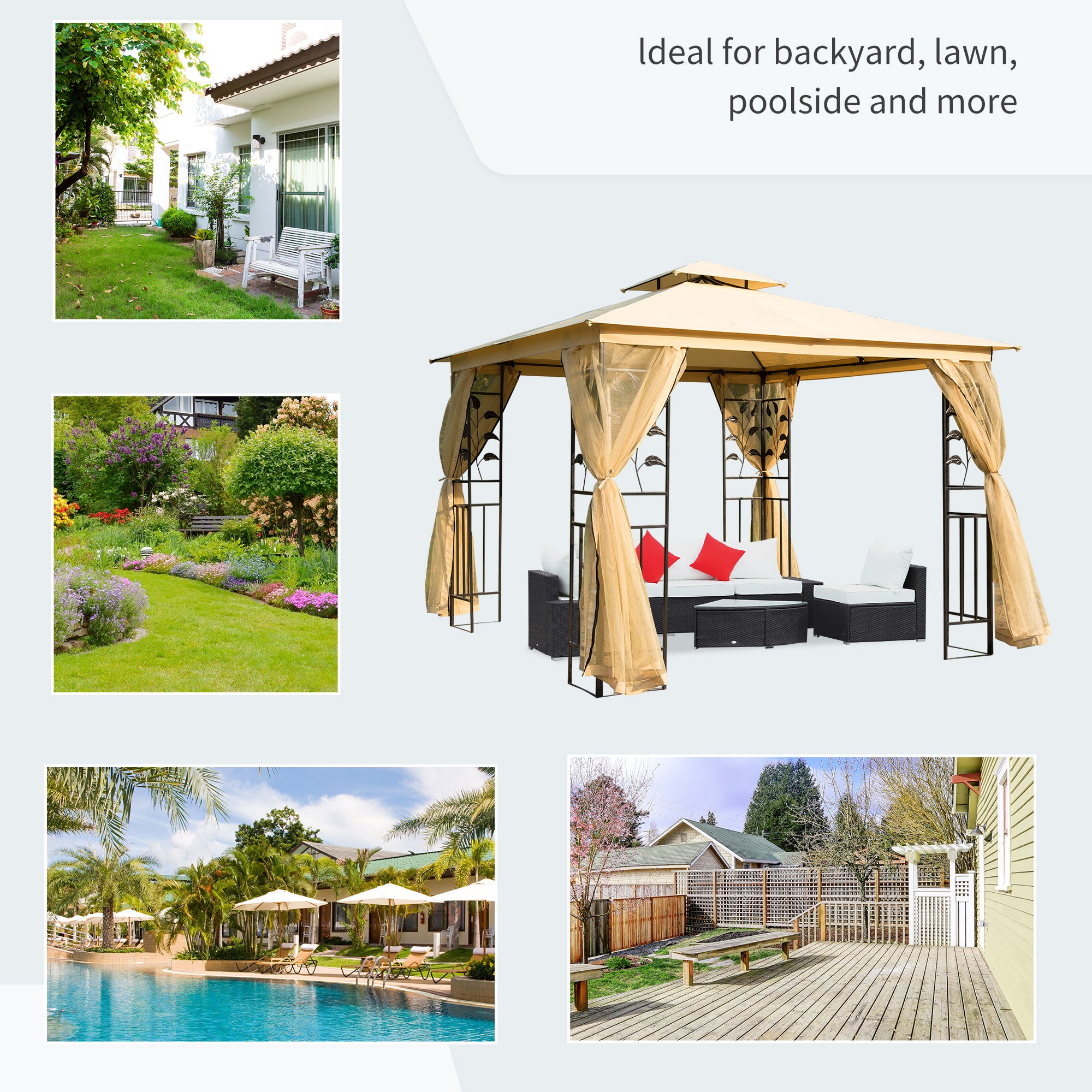 10x10 Patio Gazebo Steel Frame Mesh Beige-DECOROLALA