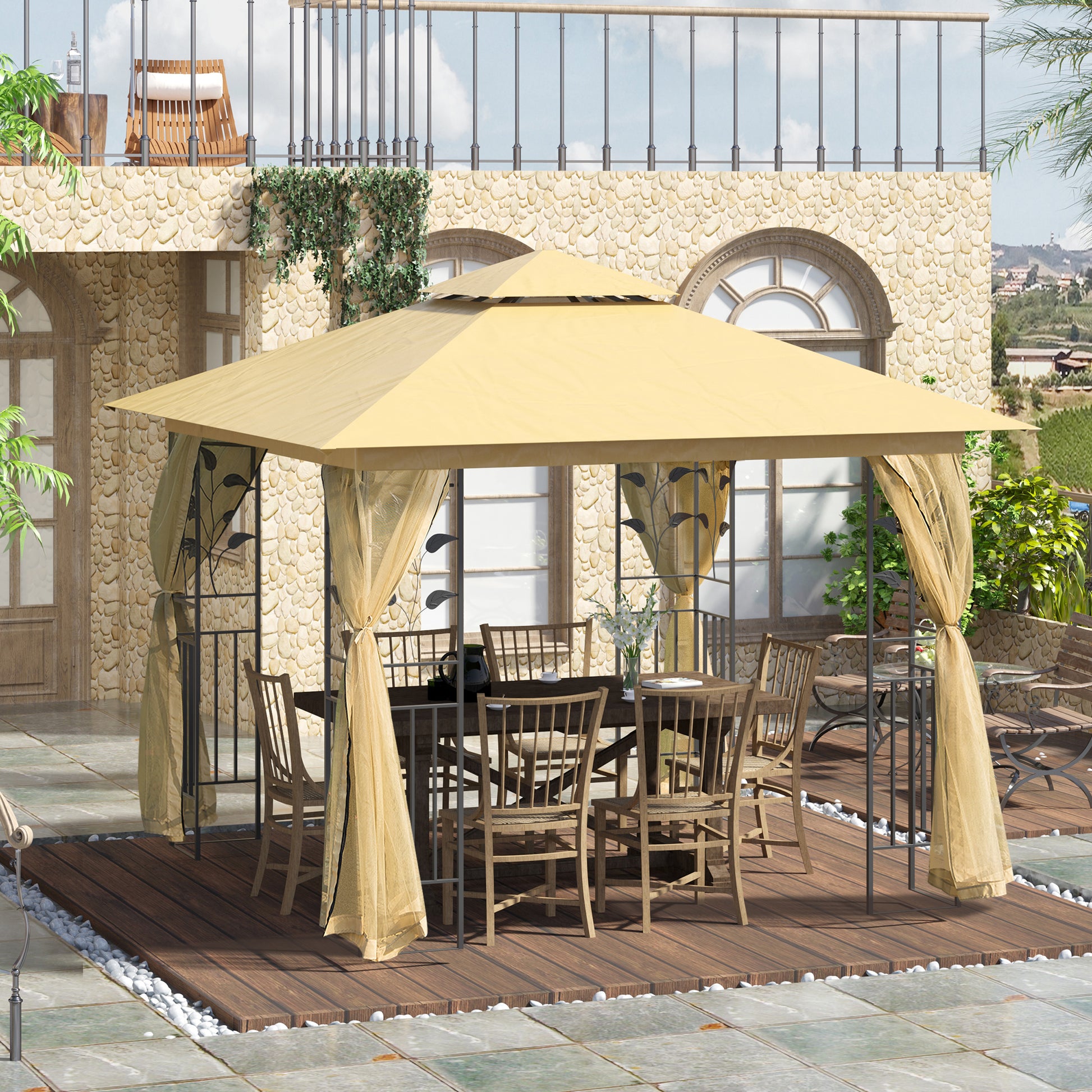 10x10 Patio Gazebo Steel Frame Mesh Beige-DECOROLALA