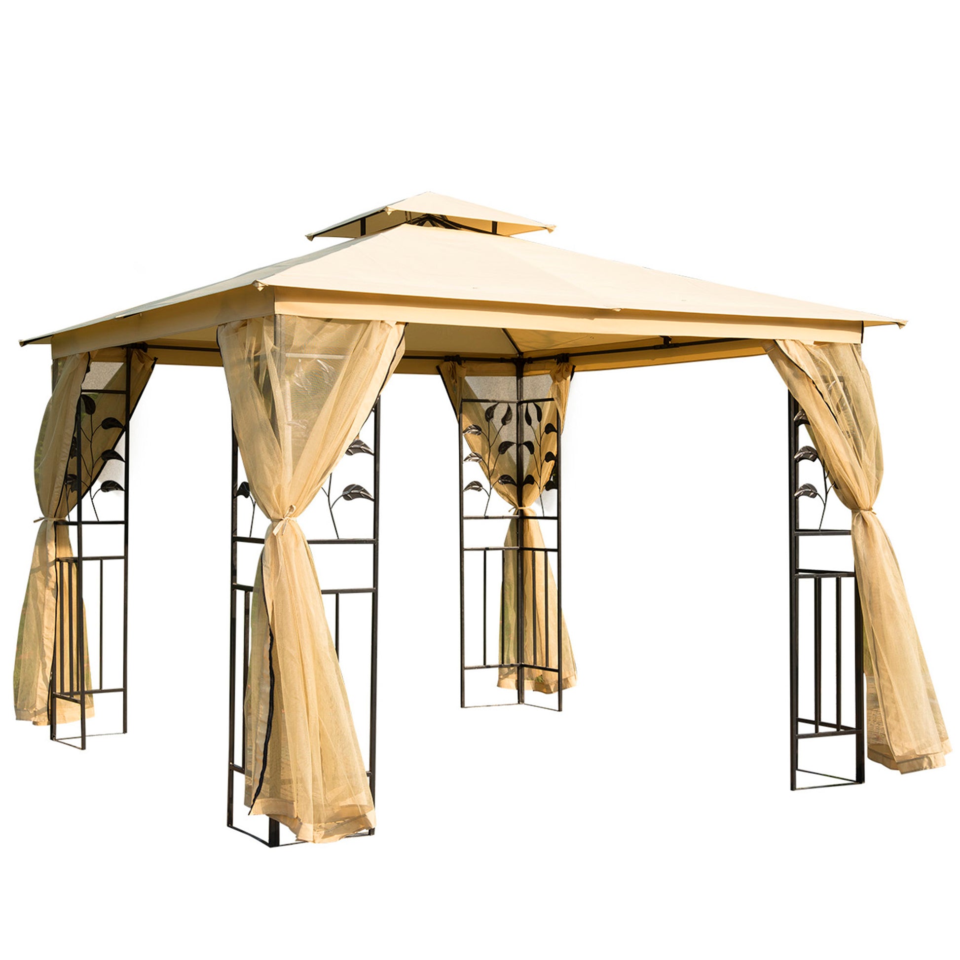 10x10 Patio Gazebo Steel Frame Mesh Beige-DECOROLALA