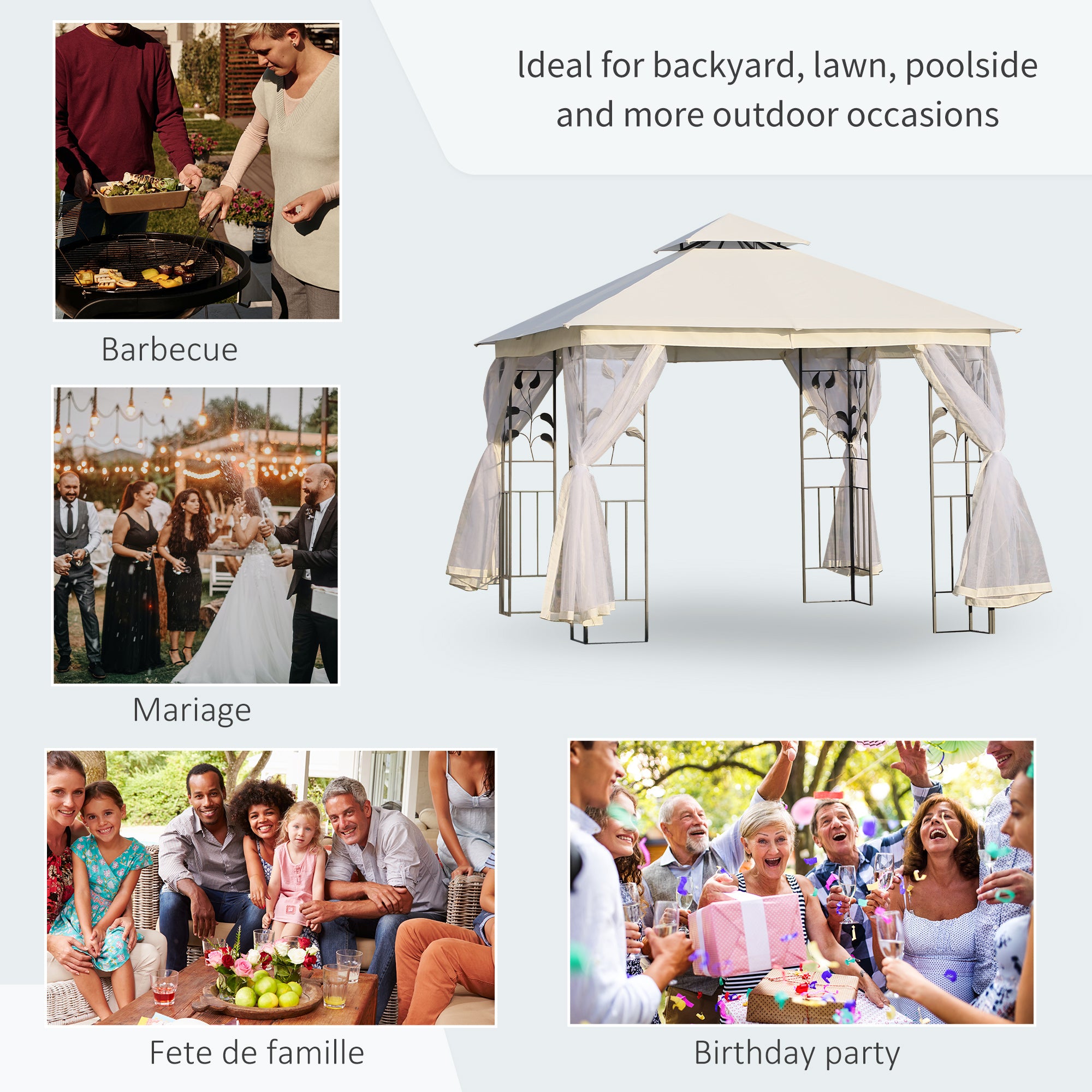 10x10 Patio Gazebo Steel Frame White Polyester-DECOROLALA