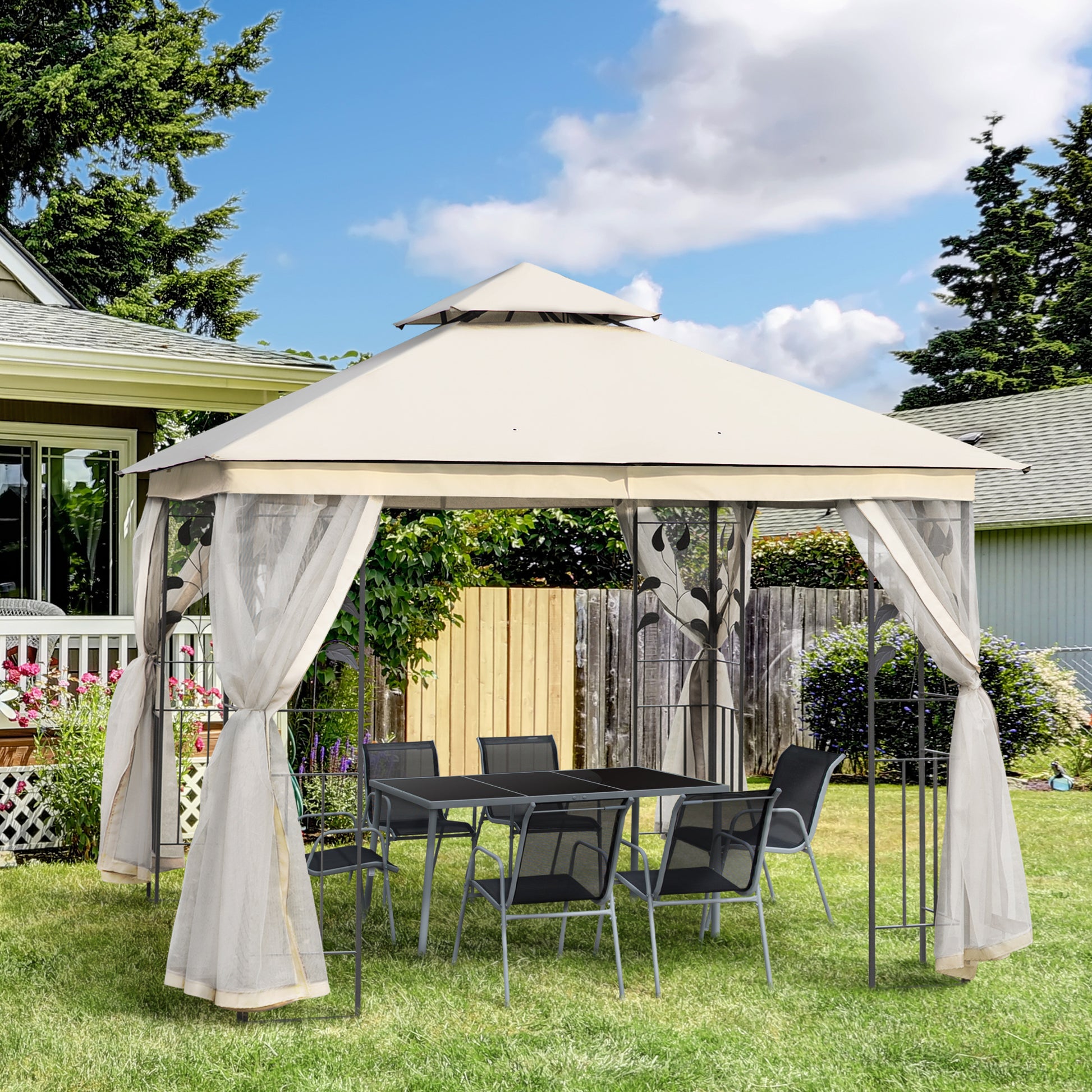 10x10 Patio Gazebo Steel Frame White Polyester-DECOROLALA