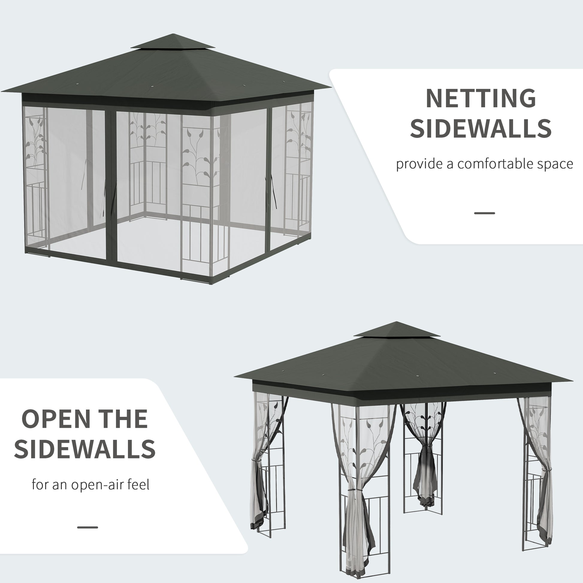 10x10 Patio Gazebo - UV Sun Shelter, Grey Polyester Roof, Steel Frame-DECOROLALA
