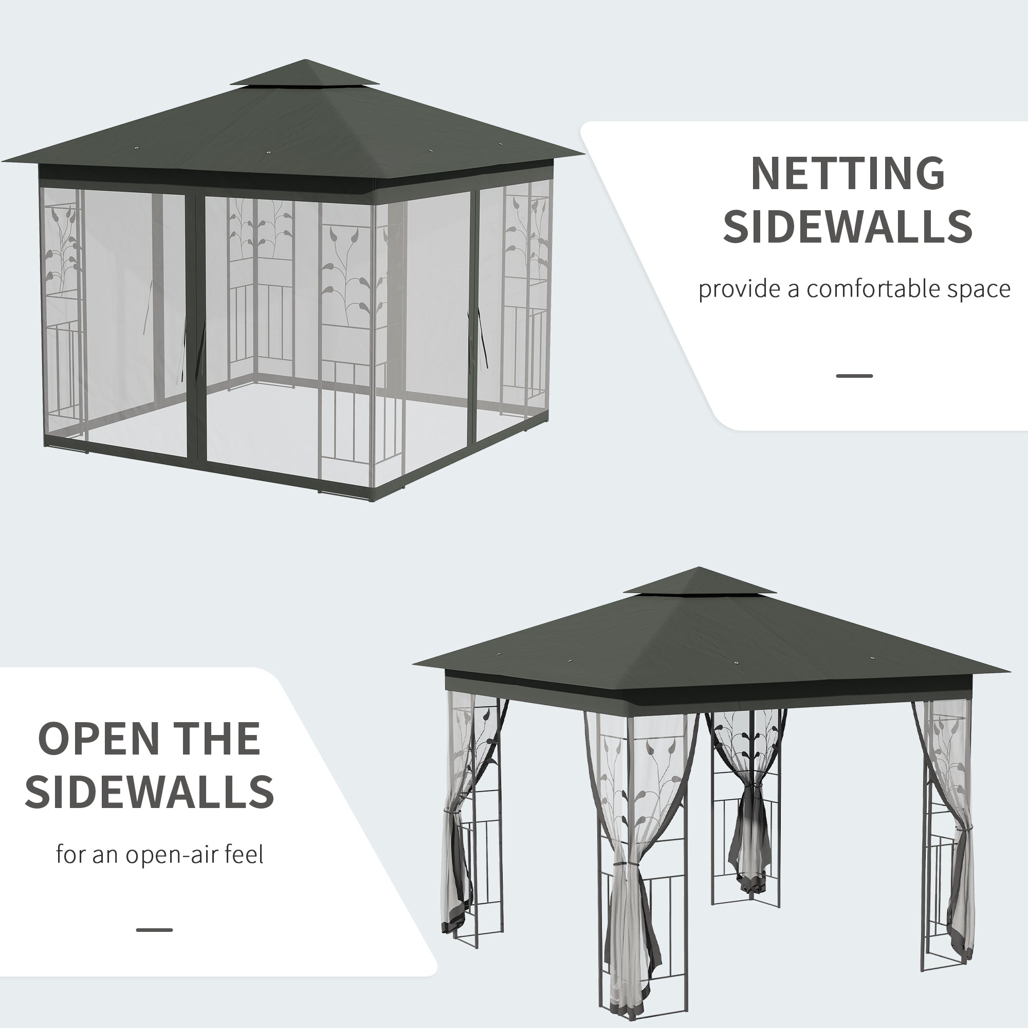 10x10 Patio Gazebo - UV Sun Shelter, Grey Polyester Roof, Steel Frame-DECOROLALA