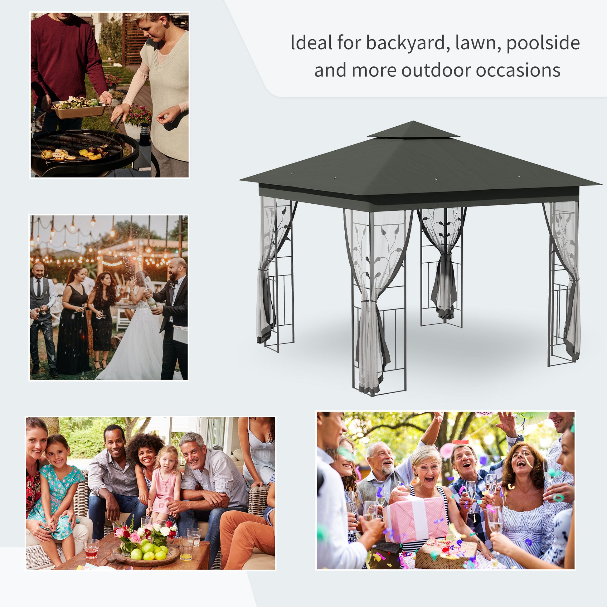 10x10 Patio Gazebo - UV Sun Shelter, Grey Polyester Roof, Steel Frame-DECOROLALA