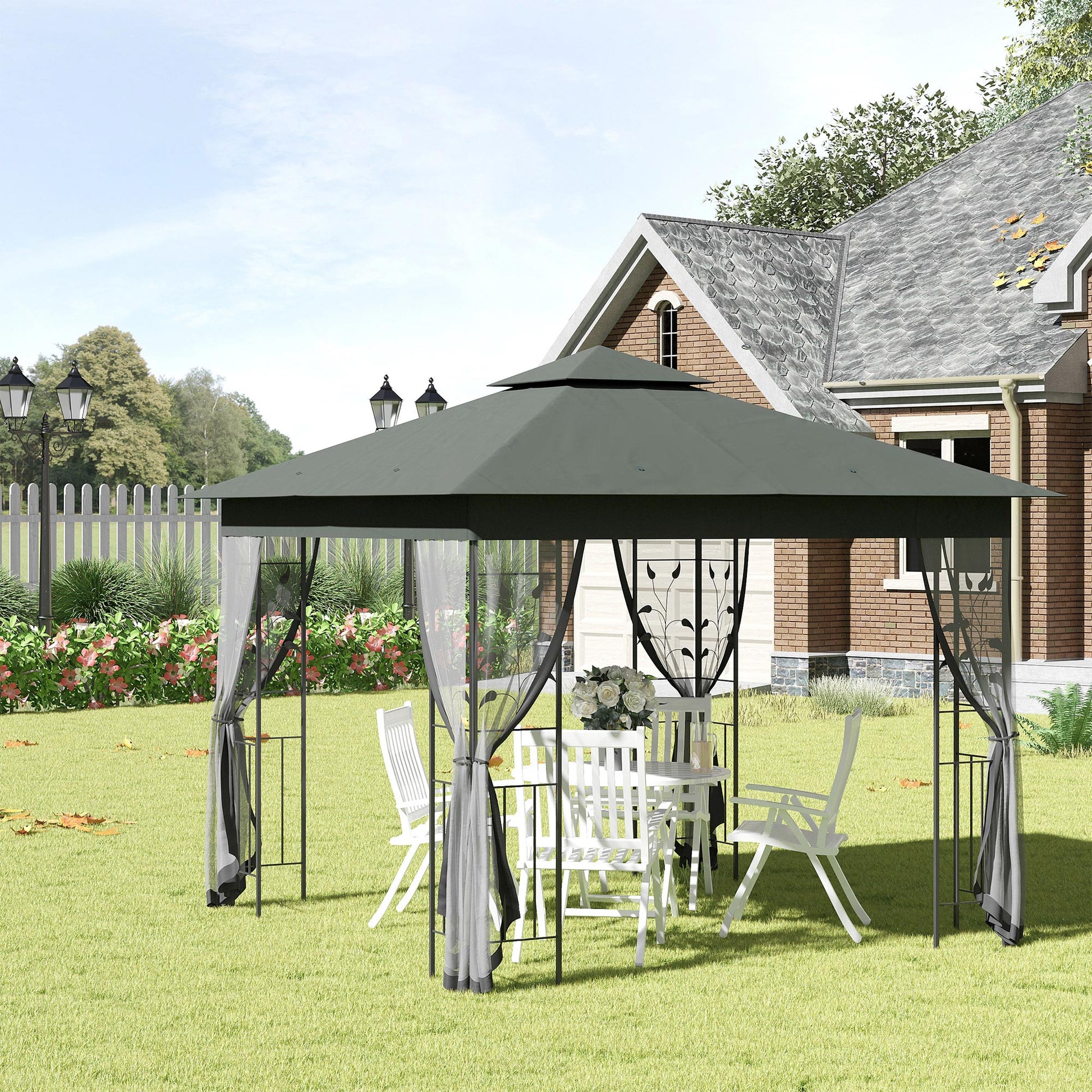 10x10 Patio Gazebo - UV Sun Shelter, Grey Polyester Roof, Steel Frame-DECOROLALA