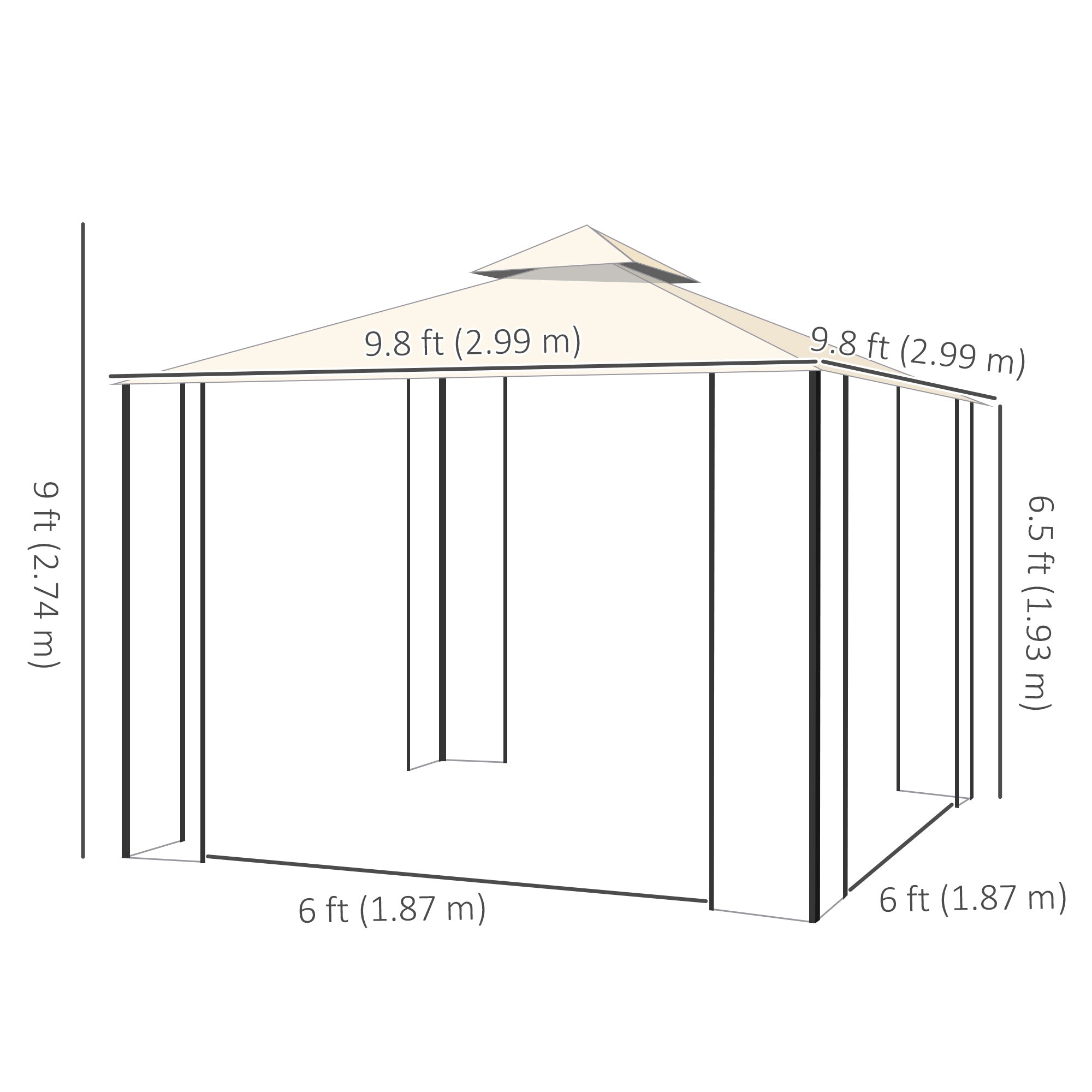 10'x10' Patio Gazebo with Mesh Curtains, Cream, Double Tier Roof, Shelves-DECOROLALA